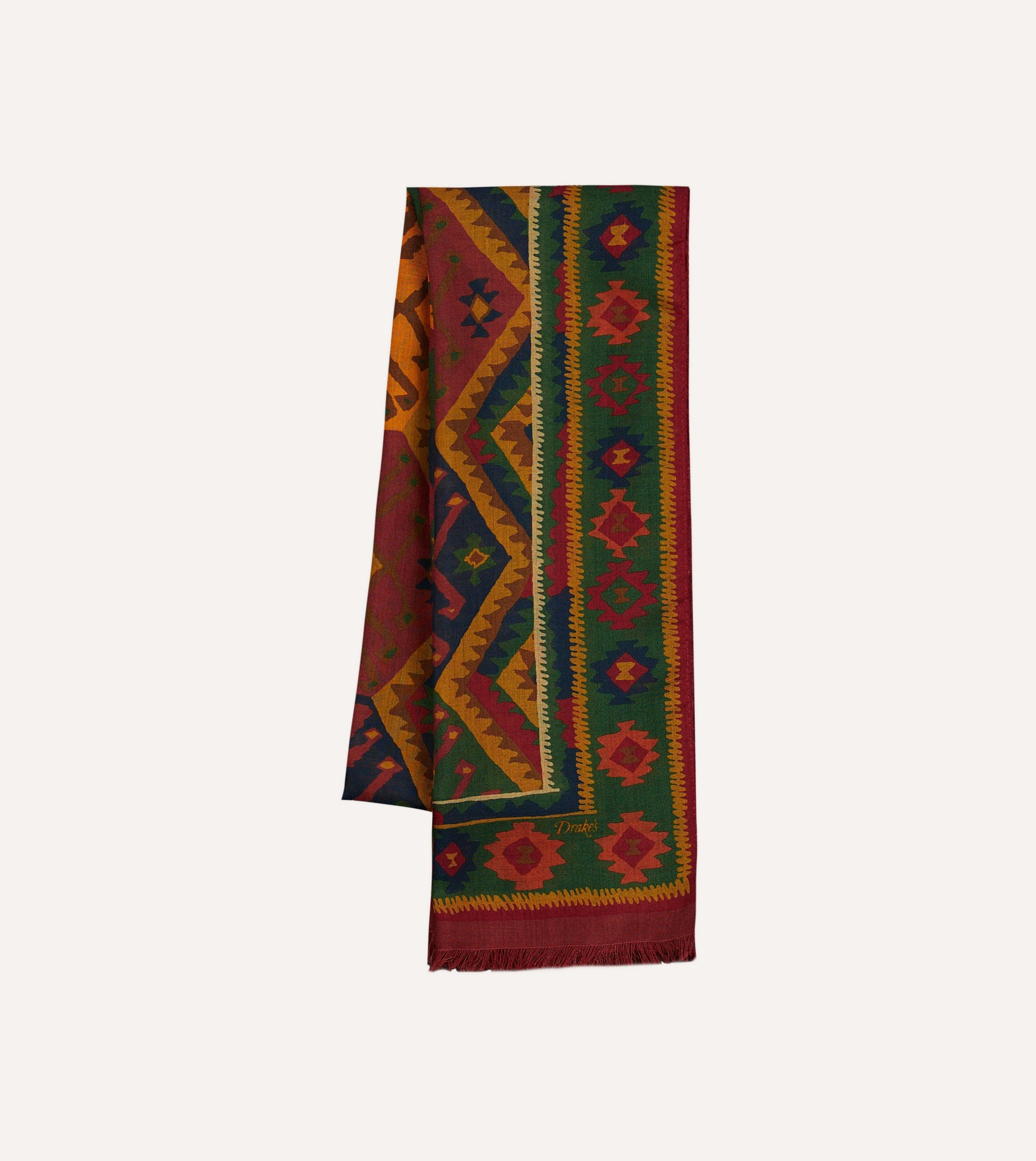 Green Kilim Print Wool-Silk Scarf - Image 4