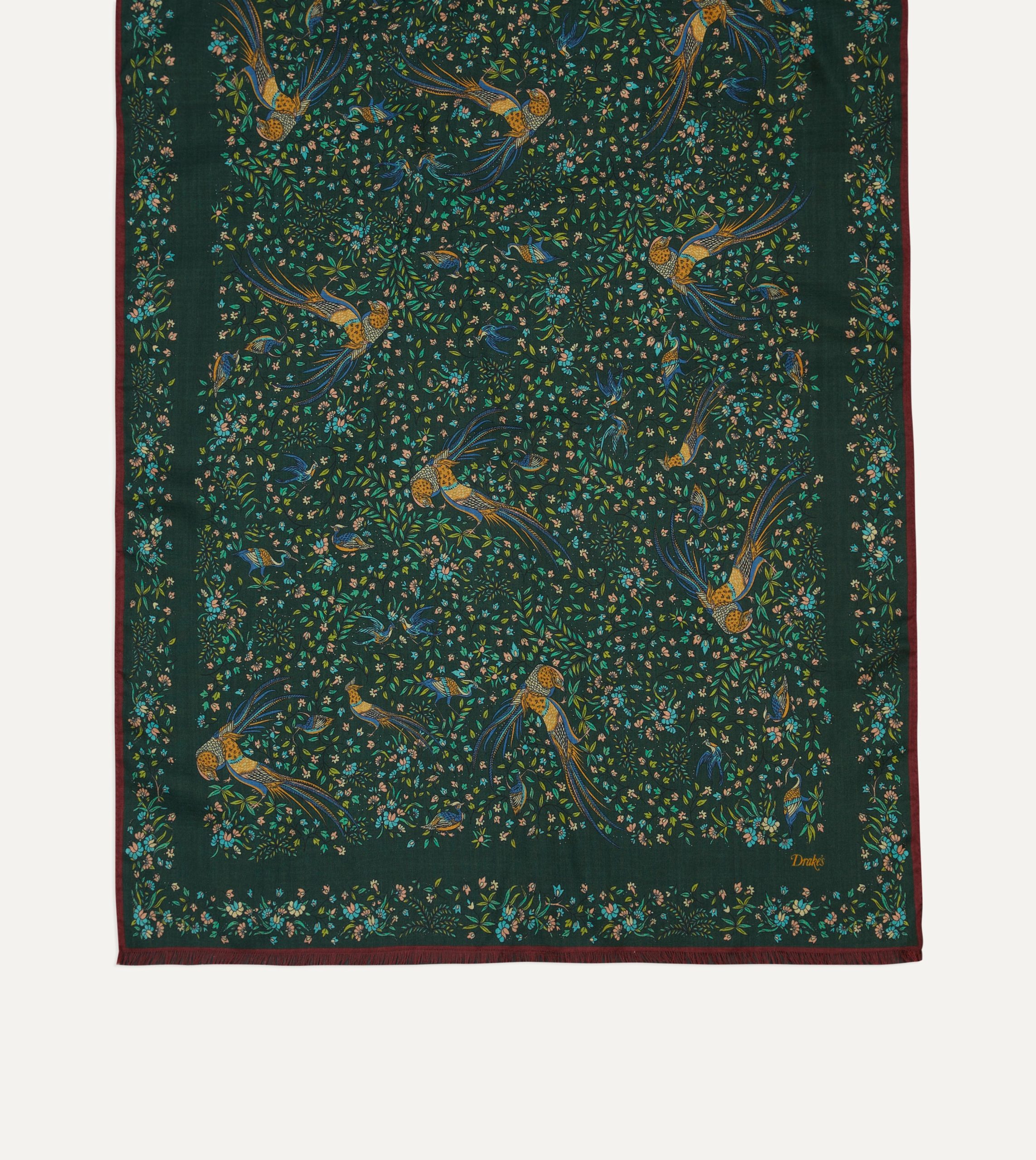 Green Floral Birds of Paradise Print Wool-Silk Scarf - Image 3
