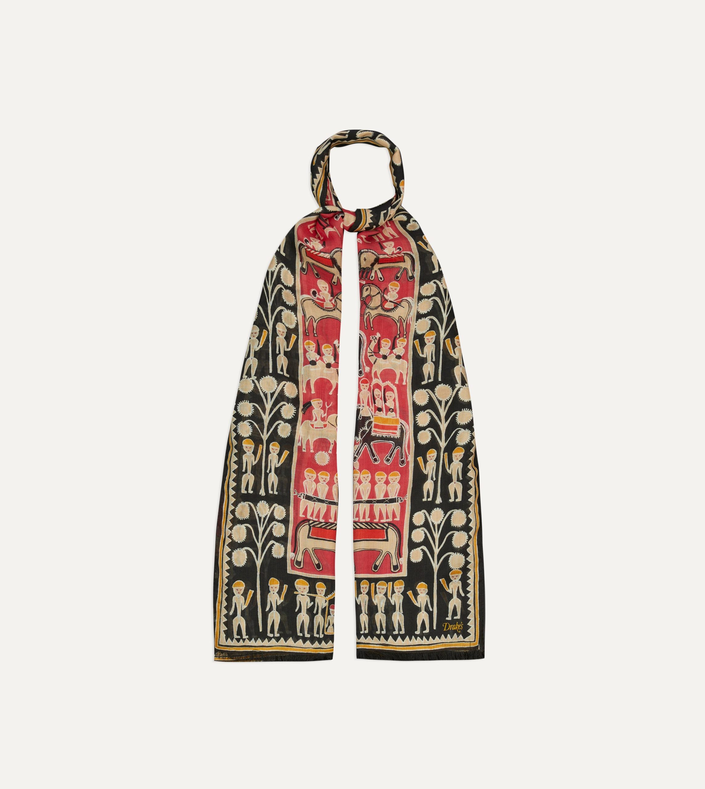 Black and Red Tribal Elephant Print Wool-Silk Scarf - Image 4