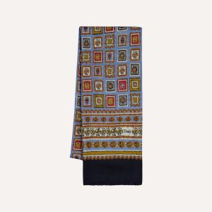 Blue and Black Medallion Print Tubular Wool Silk Scarf