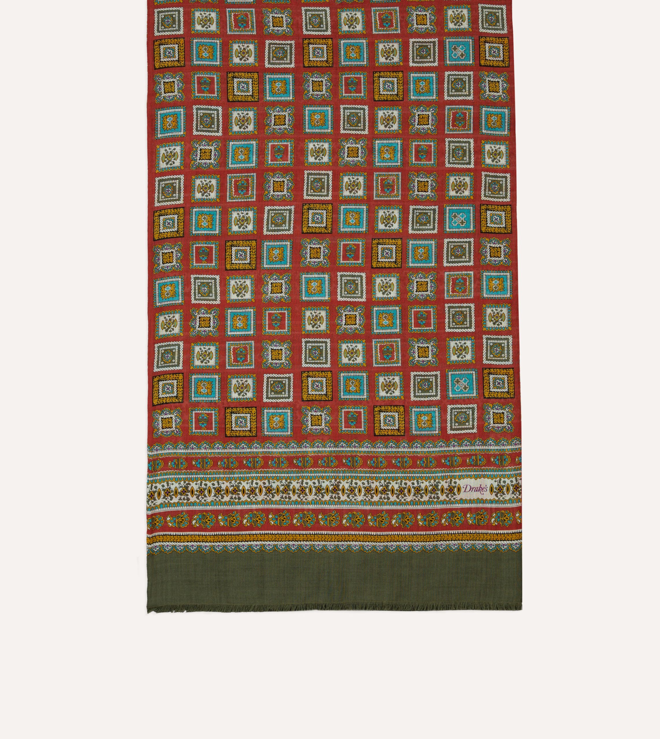 Red and Green Medallion Print Tubular Wool Silk Scarf - Image 3