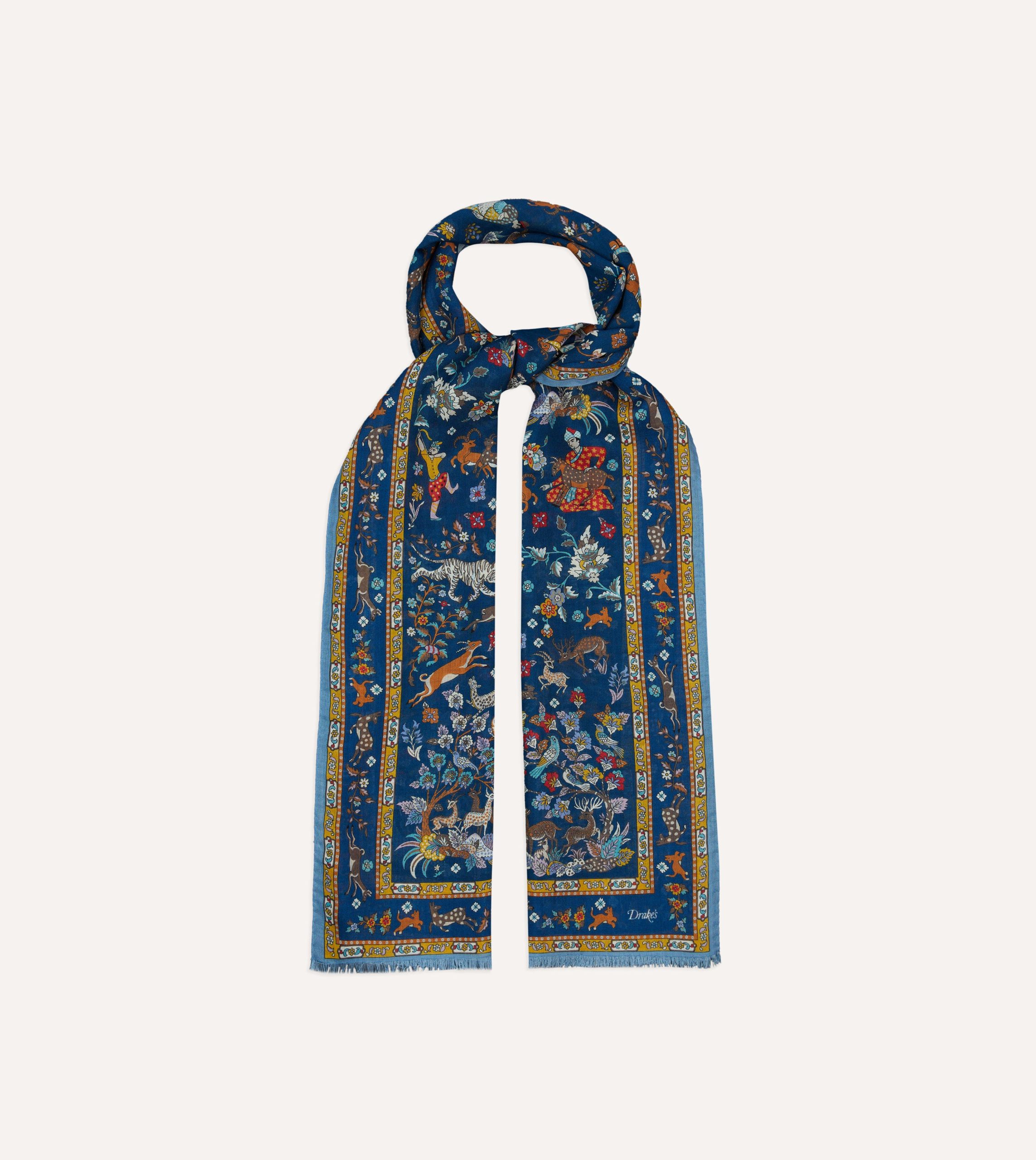 Navy Summer Mughal Print Wool Silk Scarf - Image 4