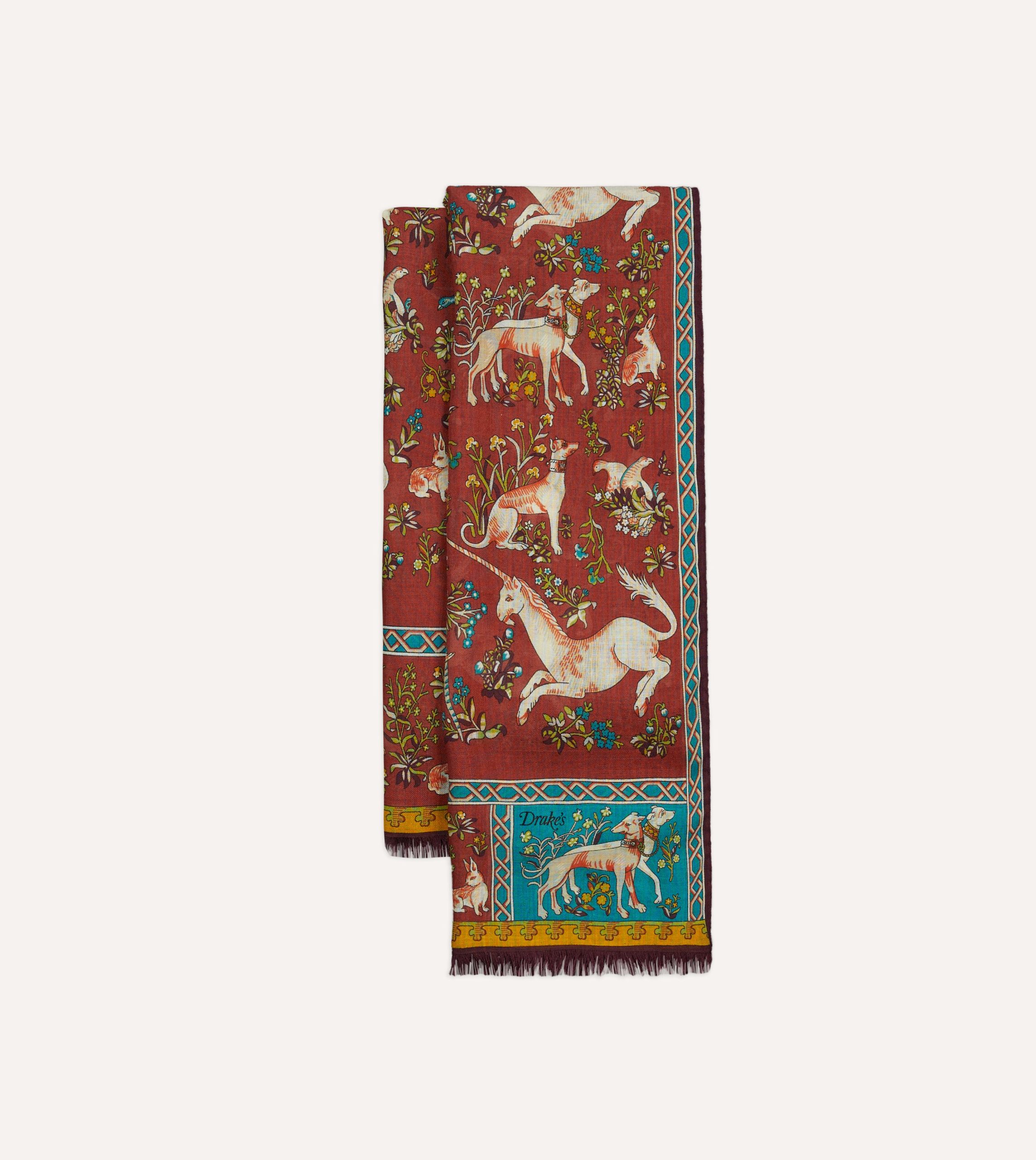 Red Unicorn Tile Print Wool-Silk Scarf