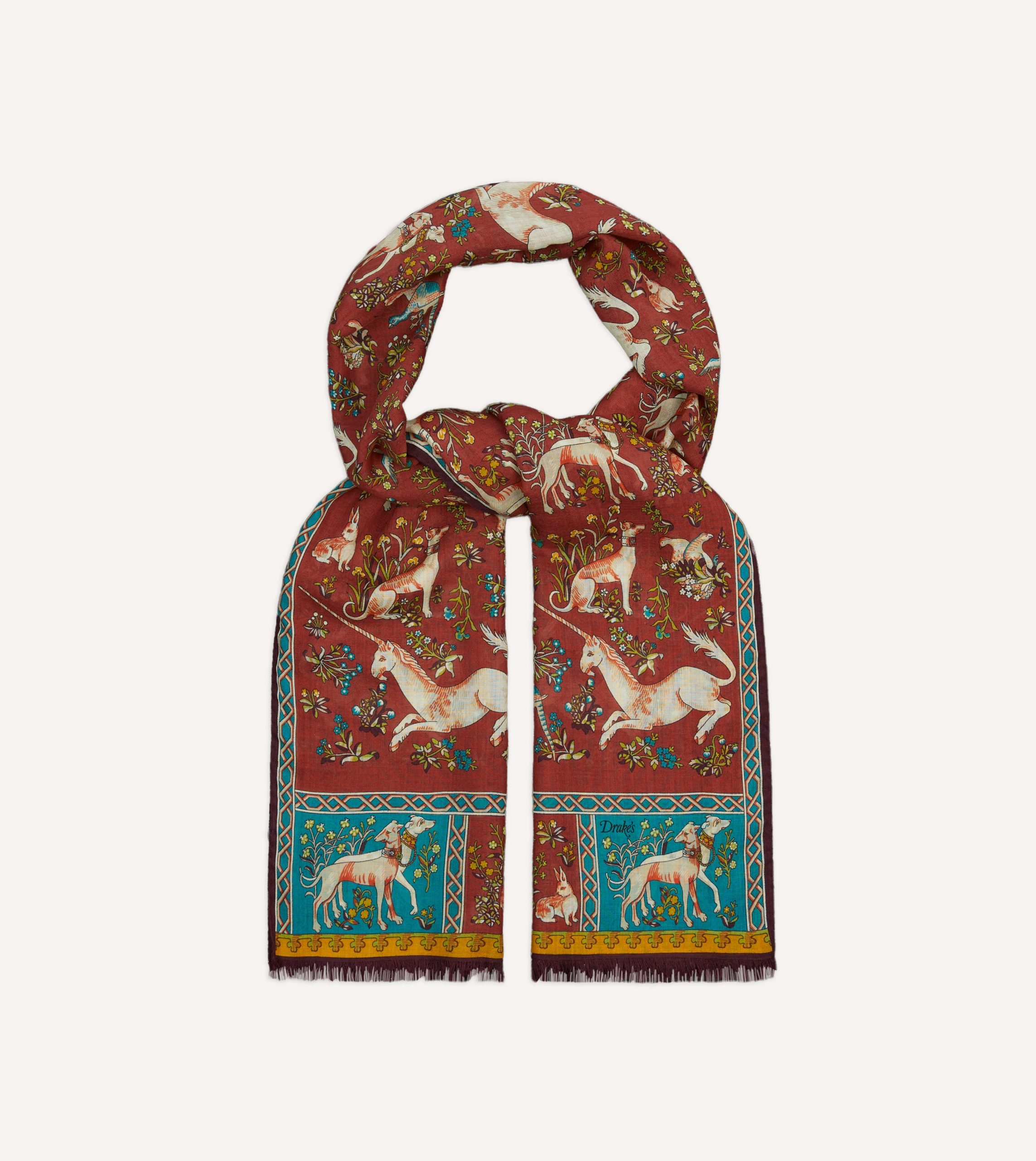 Red Unicorn Tile Print Wool-Silk Scarf - Image 4