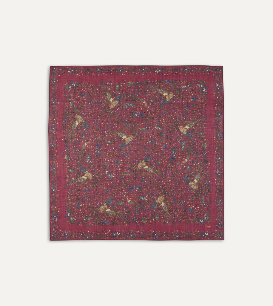 Magenta Birds of Paradise Print Wool-Silk Square Scarf