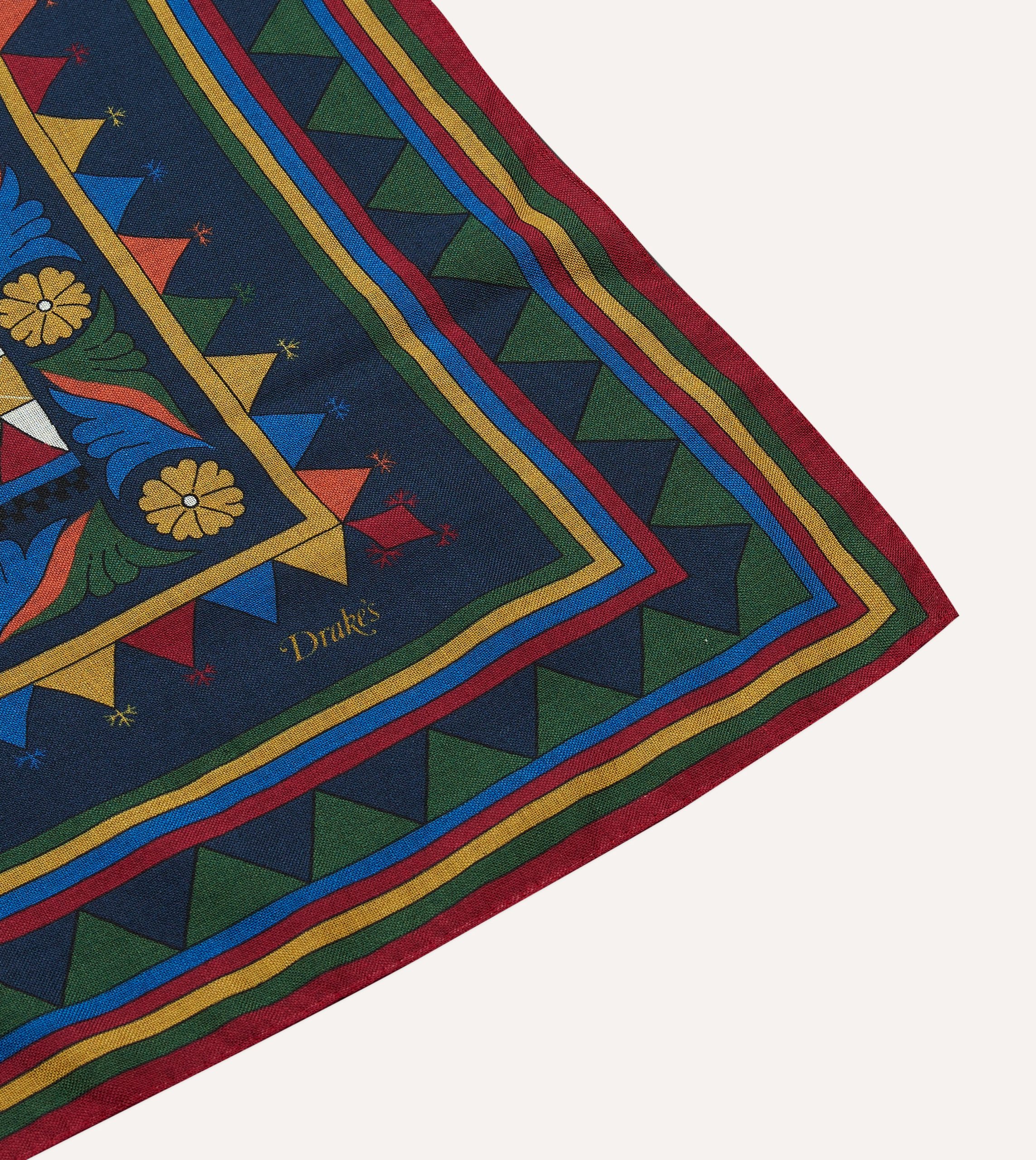 Navy Buddhist Rider Print Wool-Silk Bandana - Image 3