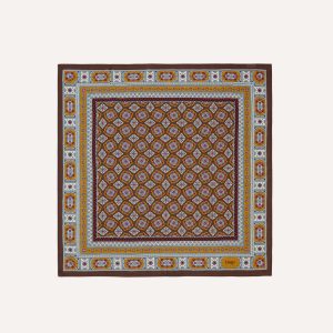 Brown. Blue and Gold Floral Medallion Print Wool-Silk Bandana