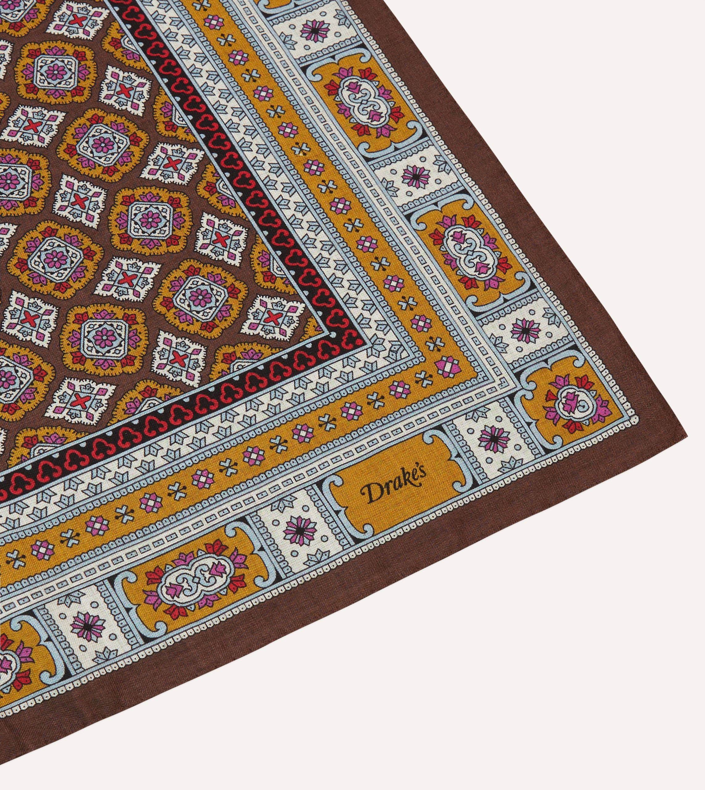 Brown. Blue and Gold Floral Medallion Print Wool-Silk Bandana - Image 3