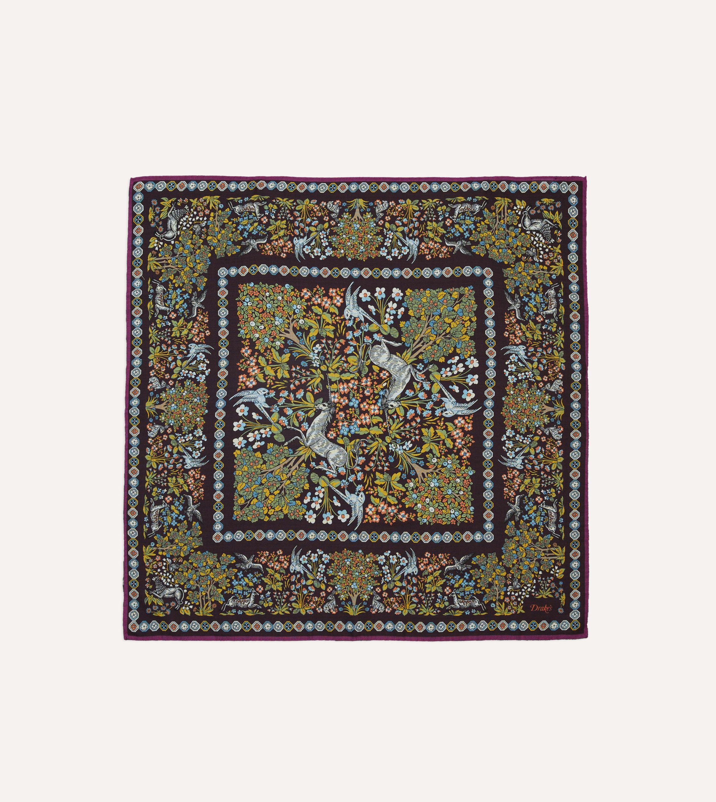 Purple Mythical Forest Print Wool-Silk Bandana