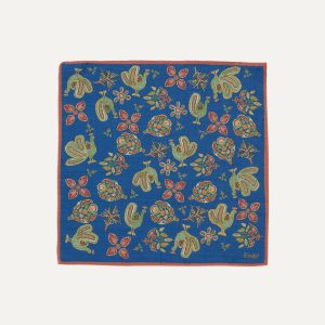 Navy Peacock Print Wool-Silk Pocket Square