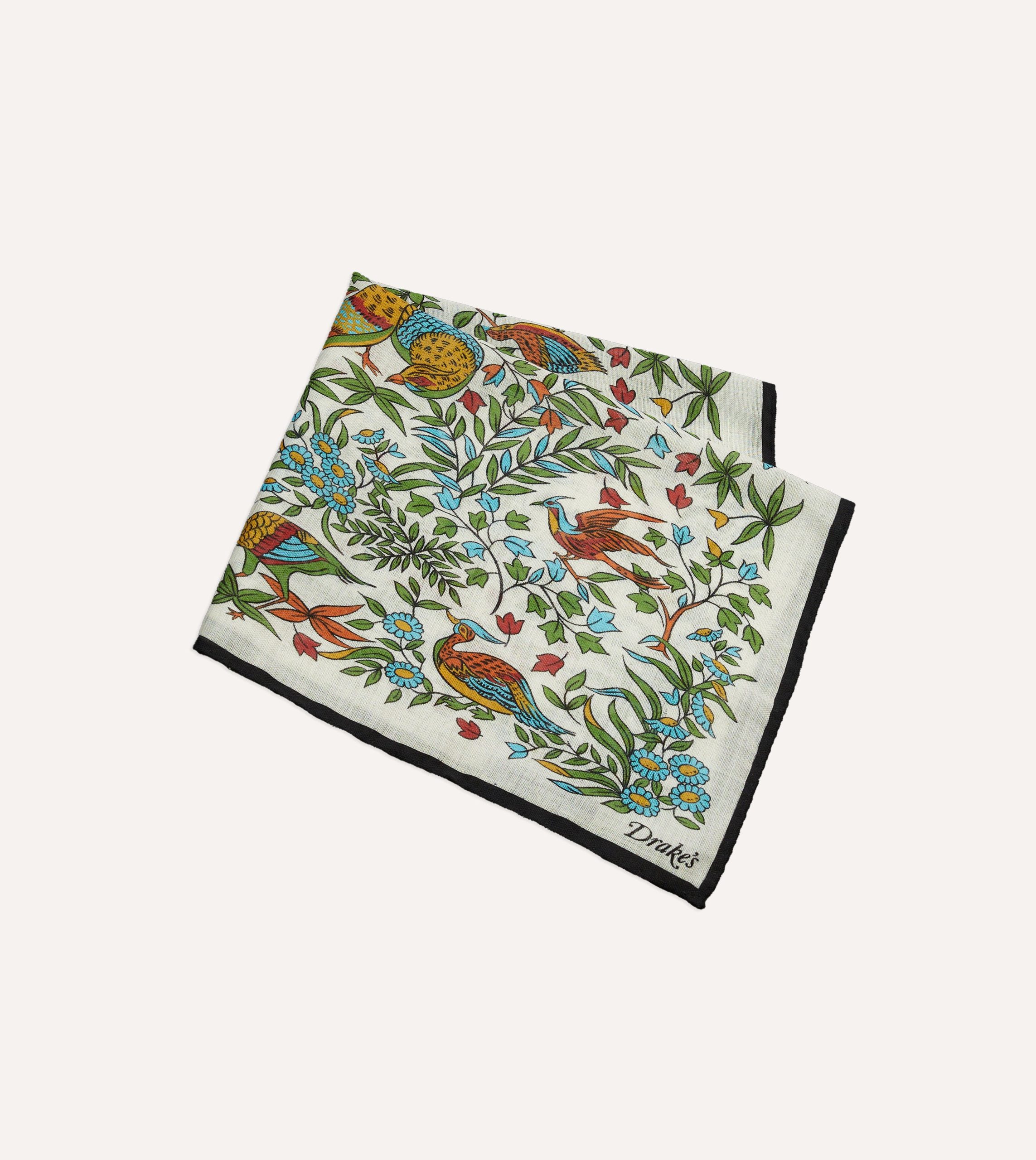 Ecru Birds of Paradise Print Wool-Silk Pocket Square - Image 3