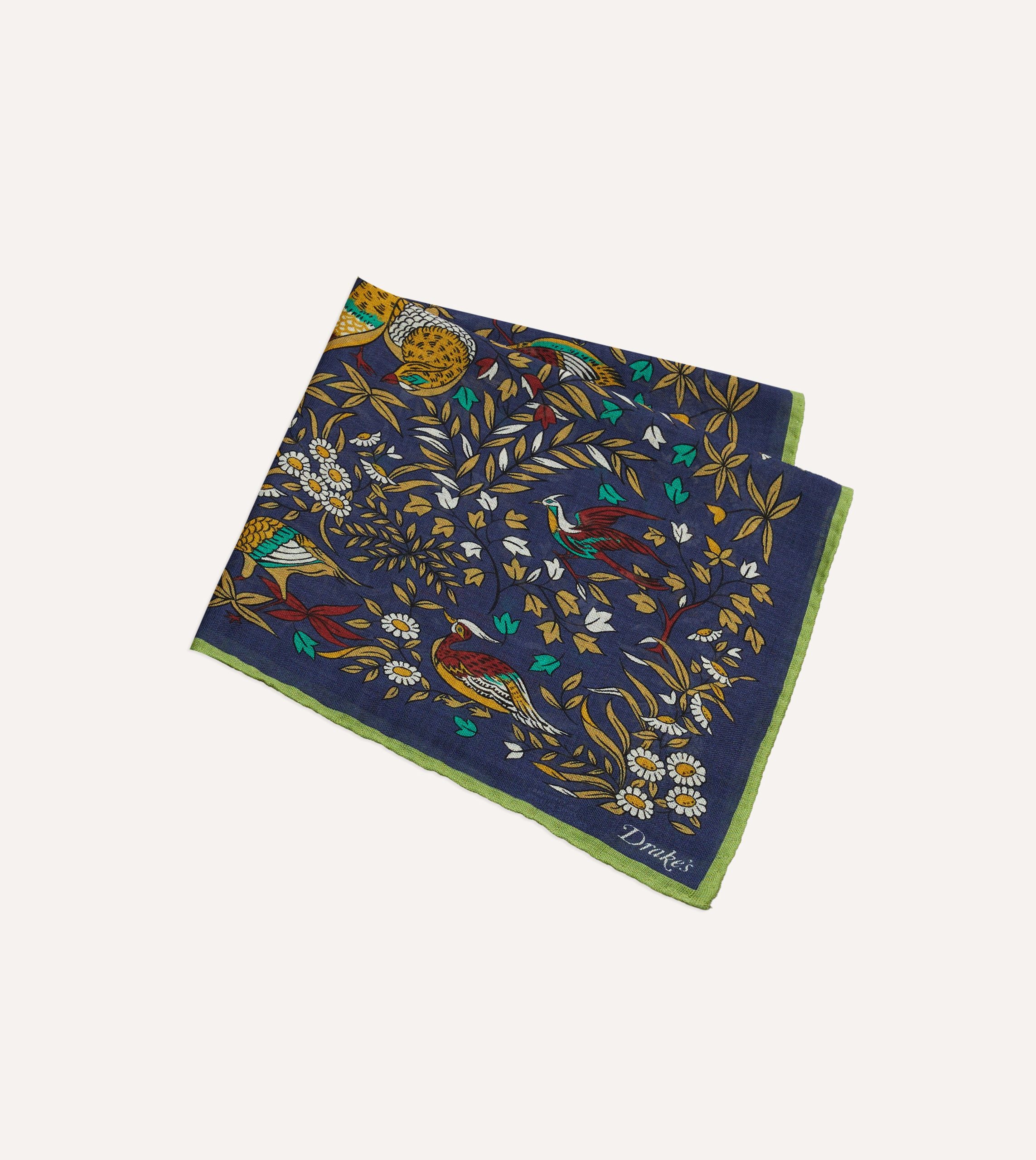 Navy Birds of Paradise Print Wool-Silk Pocket Square - Image 3