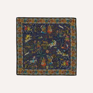 Navy Mughal Print Wool-Silk Pocket Square