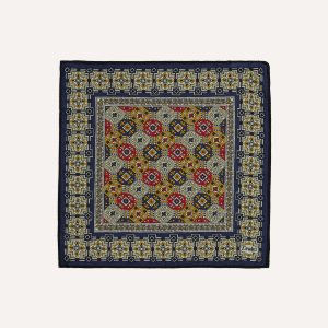 Navy Geometric Tapestry Print Wool-Silk Pocket Square