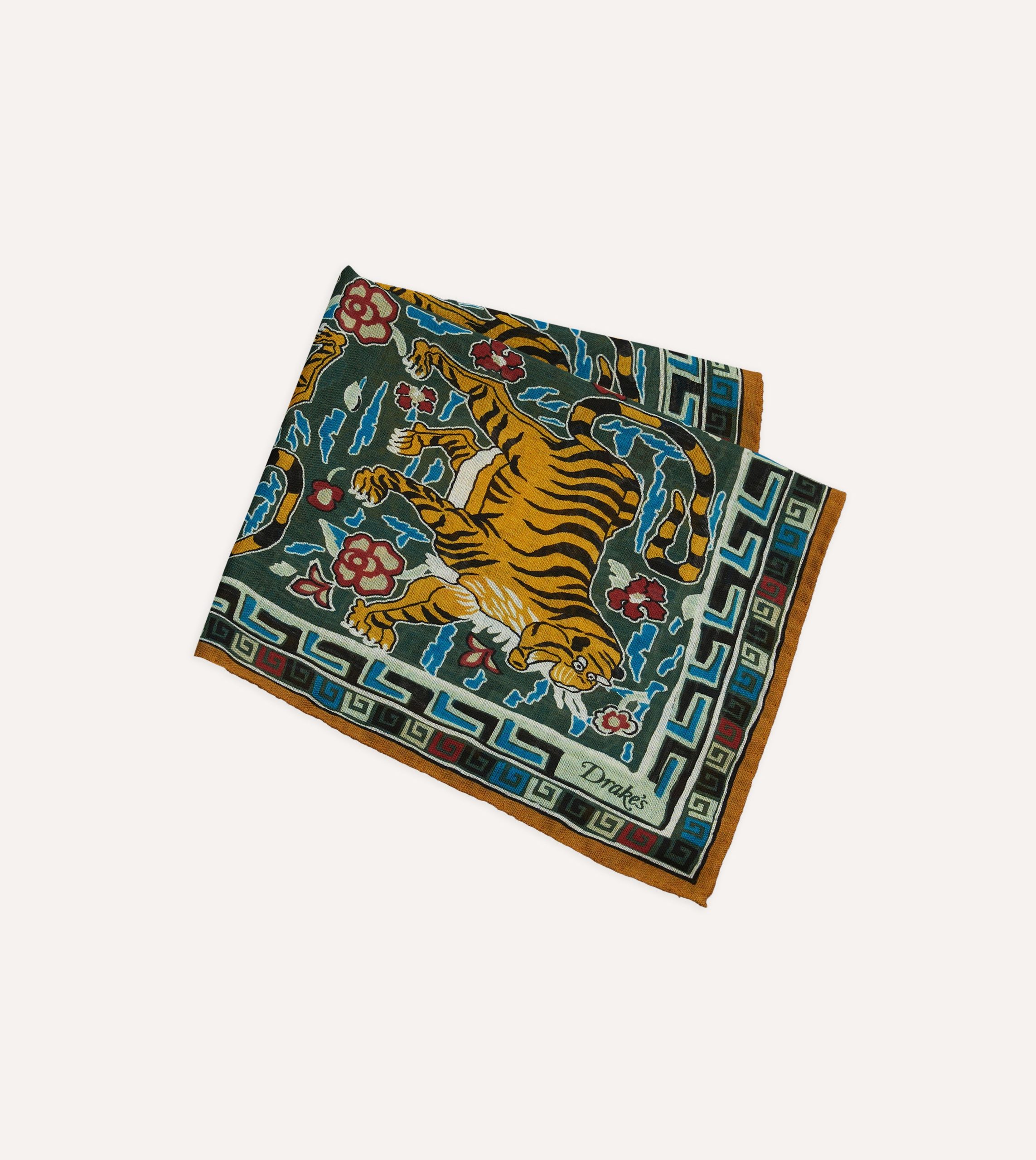 Green Tiger Motif Print Wool-Silk Pocket Square - Image 3
