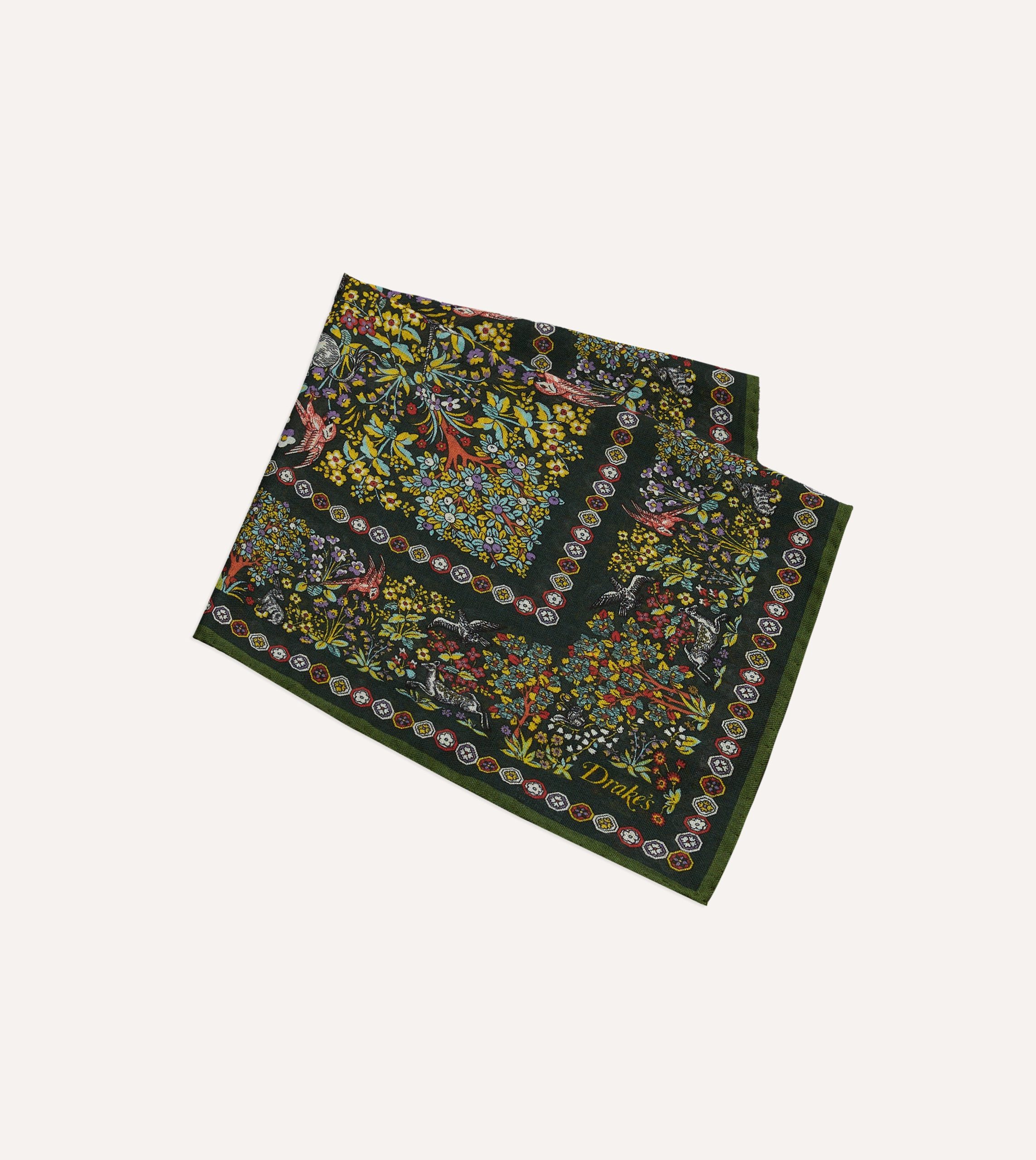 Gold Floral Unicorn Print Wool-Silk Pocket Square - Image 3