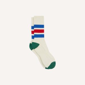 Ecru. Blue and Red 3 Stripe Cotton Sports Sock