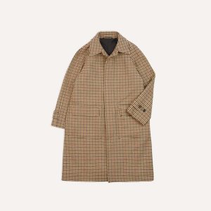 Brown Houndstooth Check Wool Raglan Coat