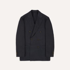 Navy Linen Double-Breasted Tailored Jacket