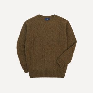 Olive Brushed Cable Knit Shetland Crew Neck Jumper