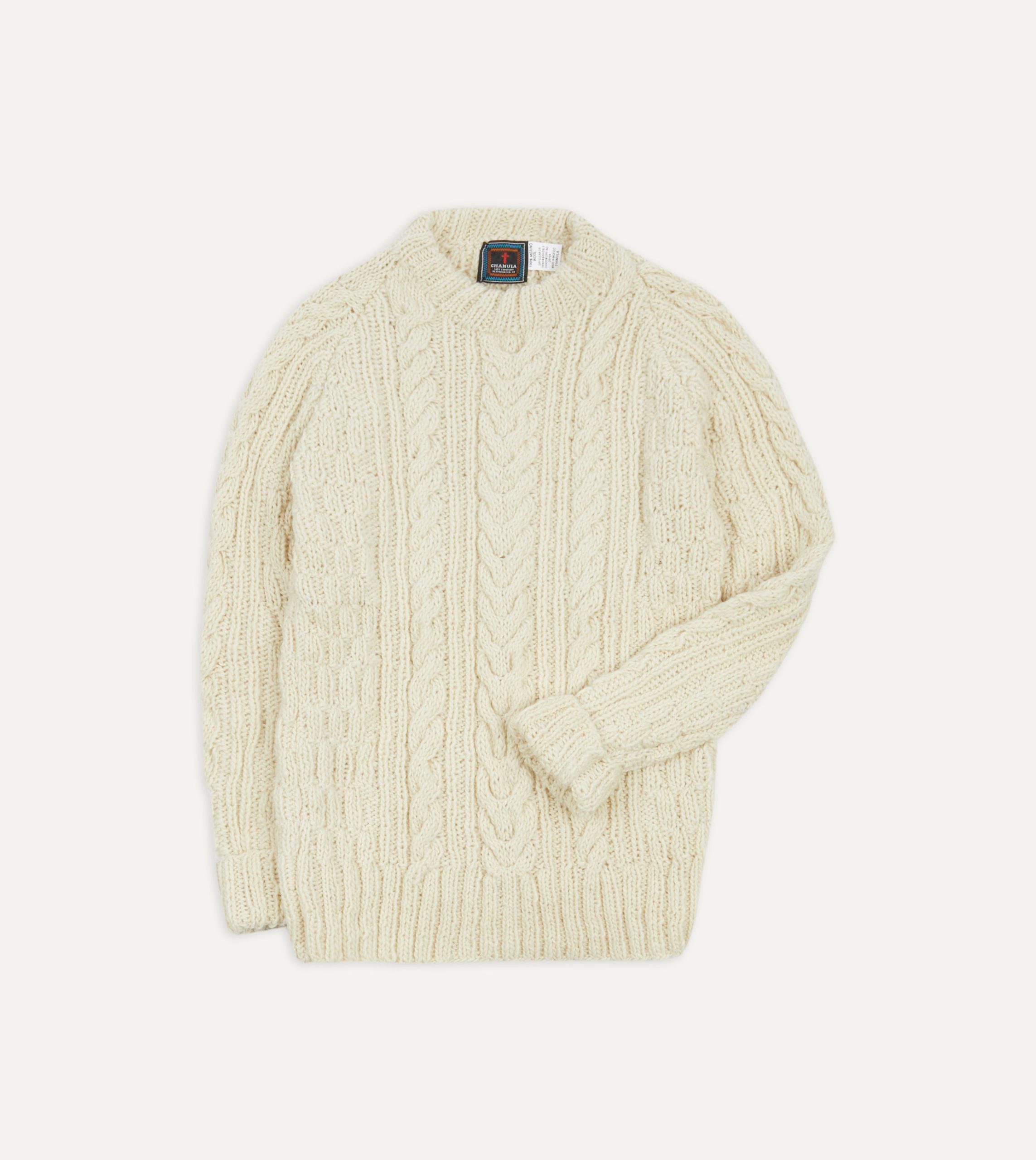 Chamula for Drake's Ecru Cable Knit Merino Jumper