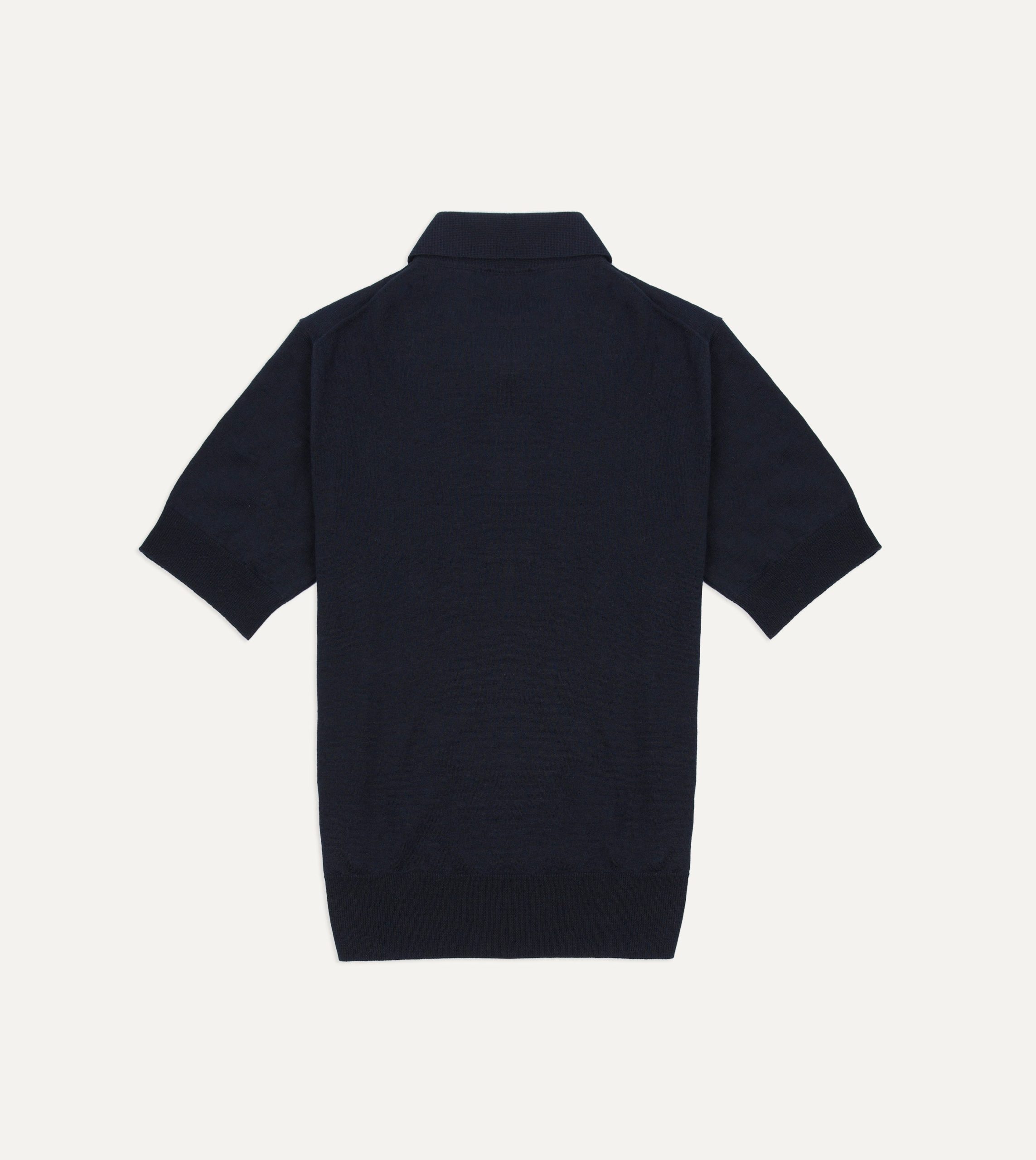 Navy Knitted Linen-Cotton Short-Sleeve Polo Shirt - Image 4