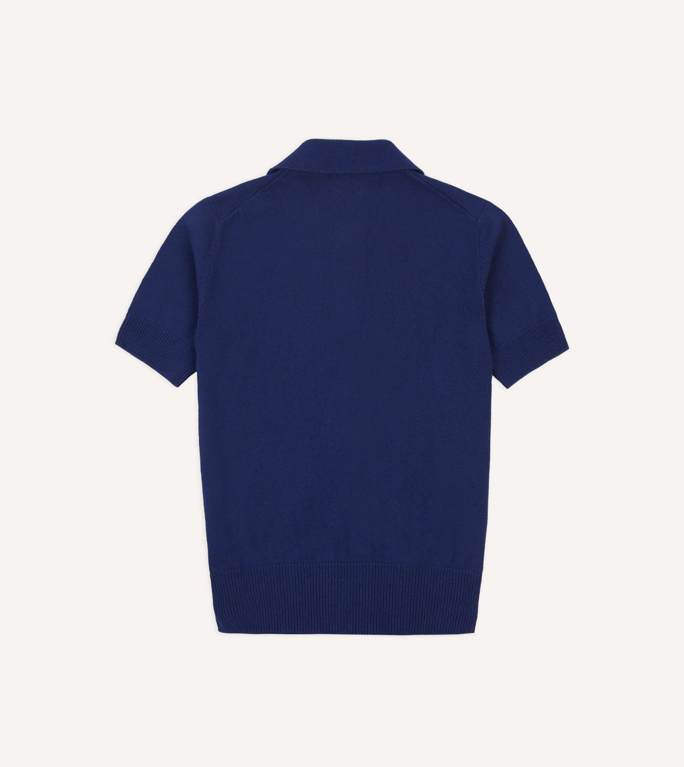 Blue Knitted Crepe Cotton Short-Sleeve Polo Shirt - Image 4