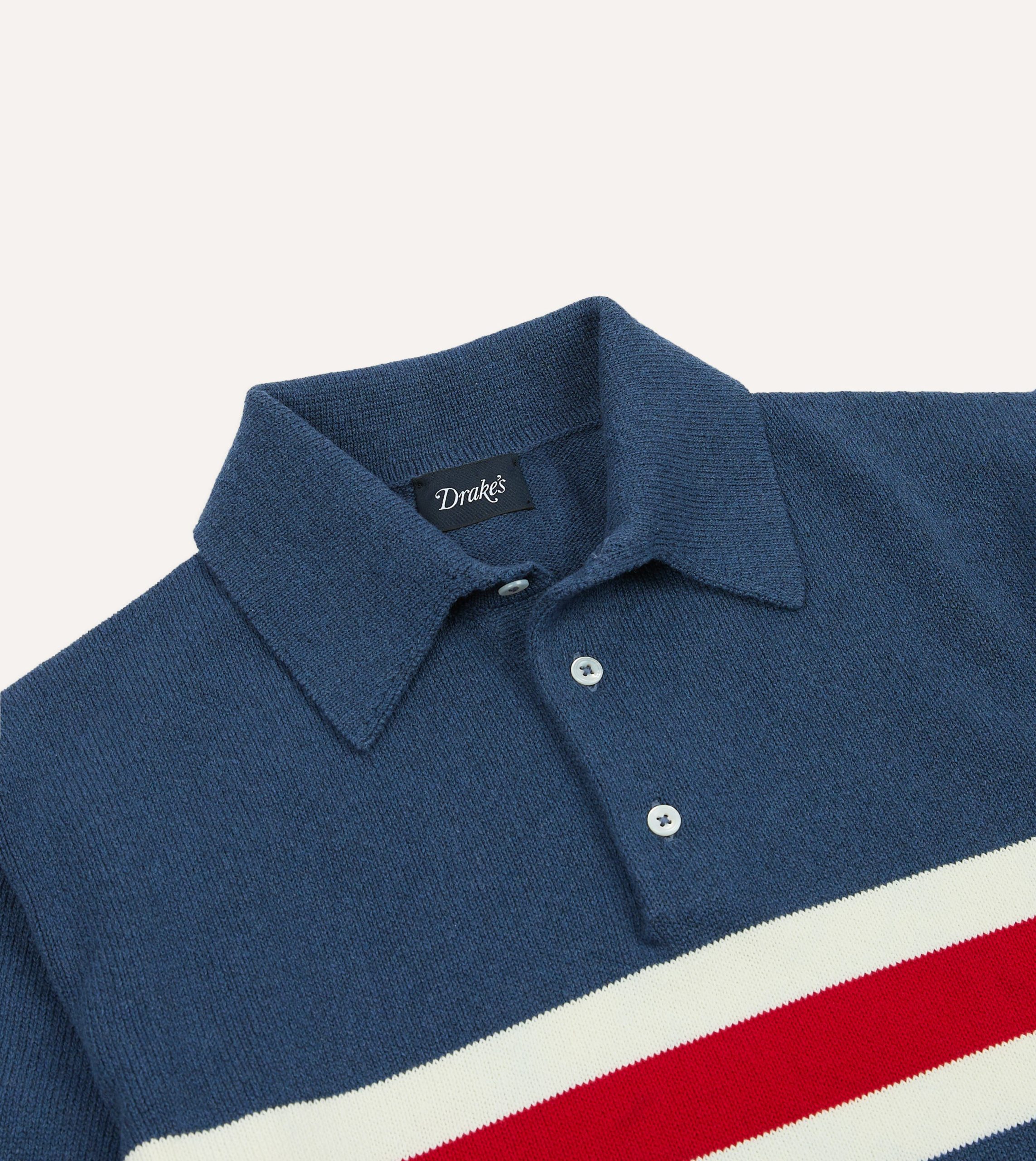 Blue Stripe Knitted Crepe Cotton Short-Sleeve Polo Shirt - Image 3