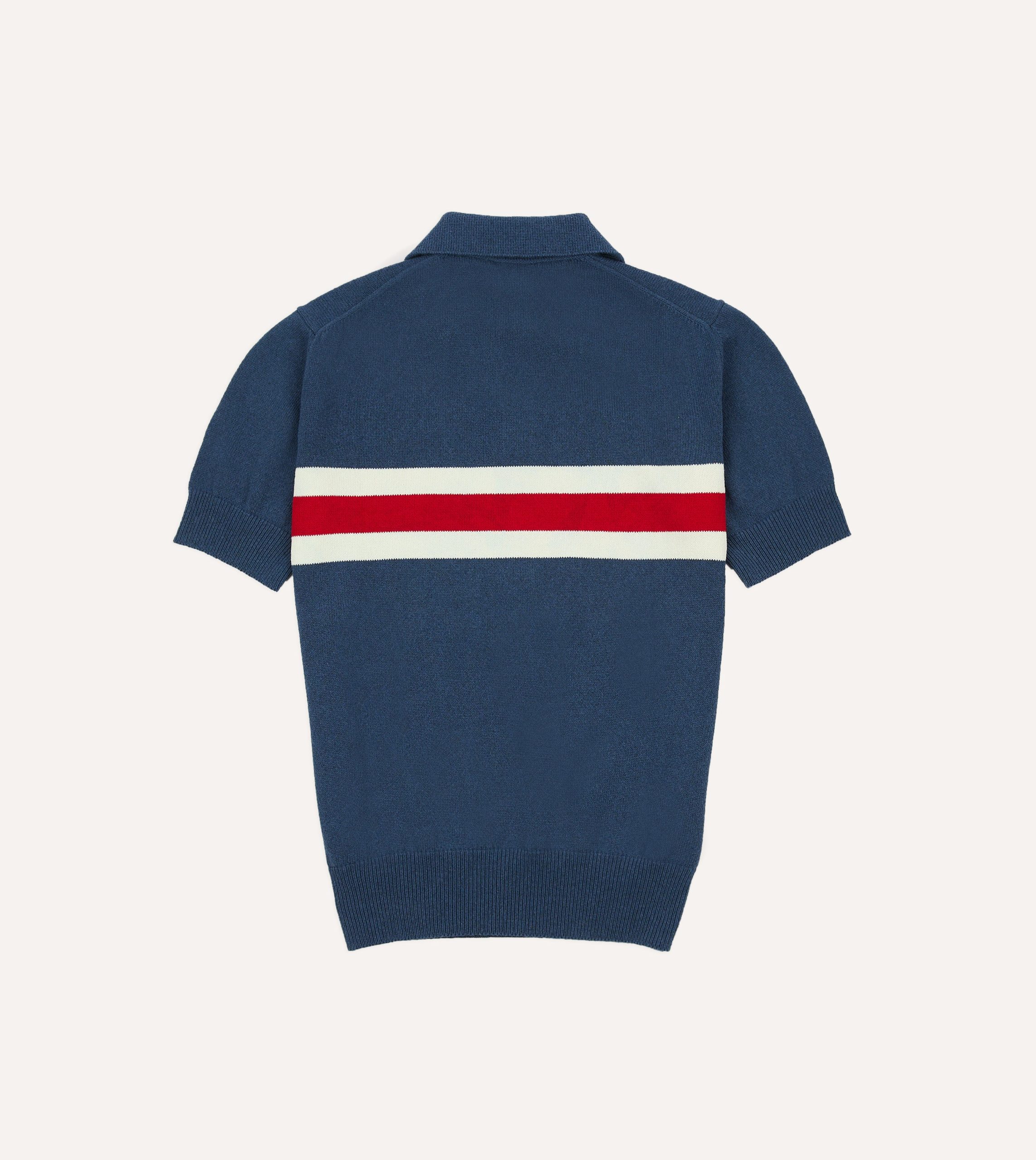 Blue Stripe Knitted Crepe Cotton Short-Sleeve Polo Shirt - Image 4