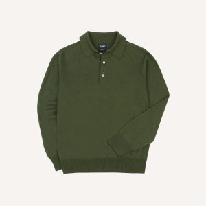 Green Linen-Cotton Knitted Long-Sleeve Polo Shirt