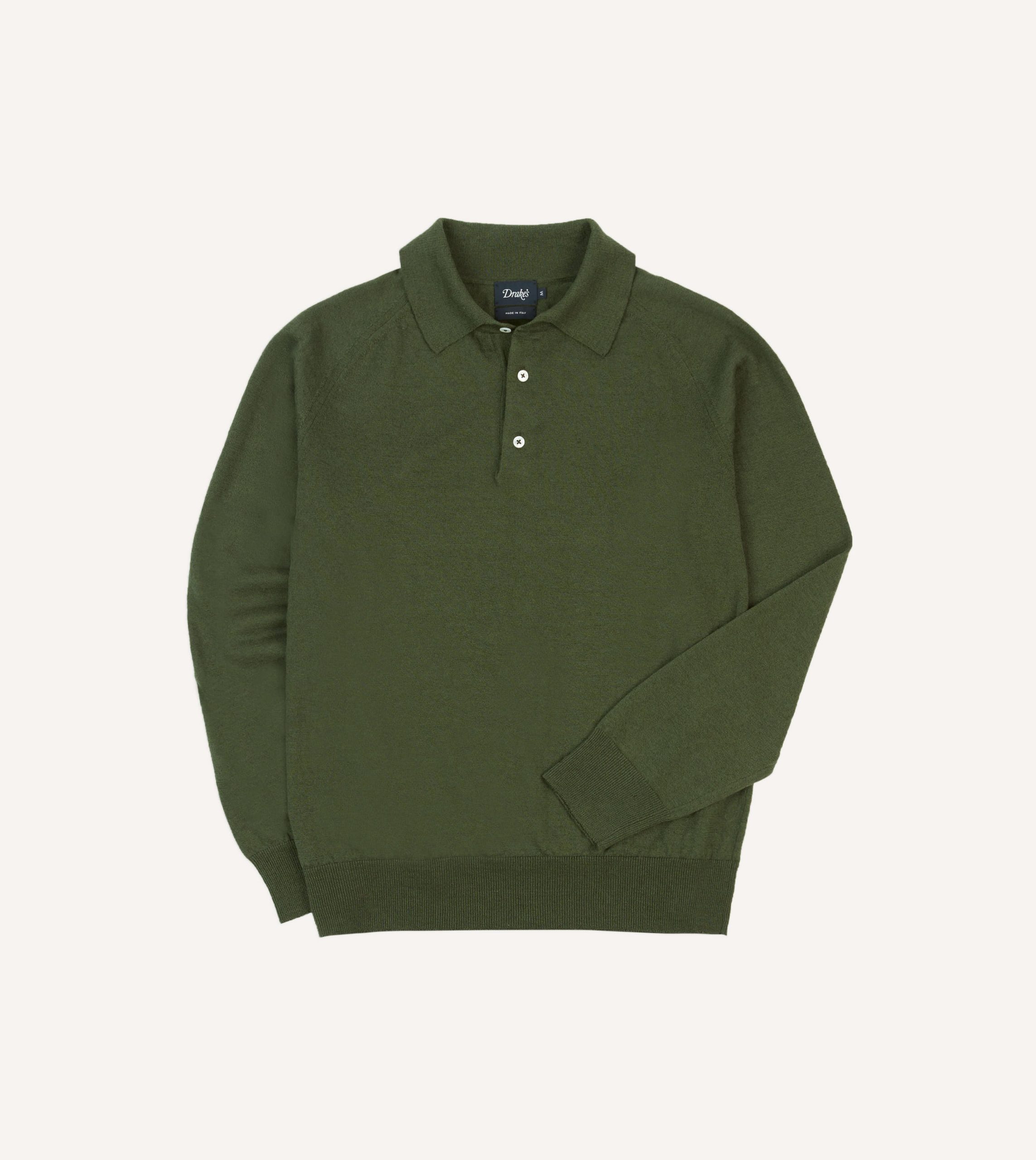 Green Linen-Cotton Knitted Long-Sleeve Polo Shirt