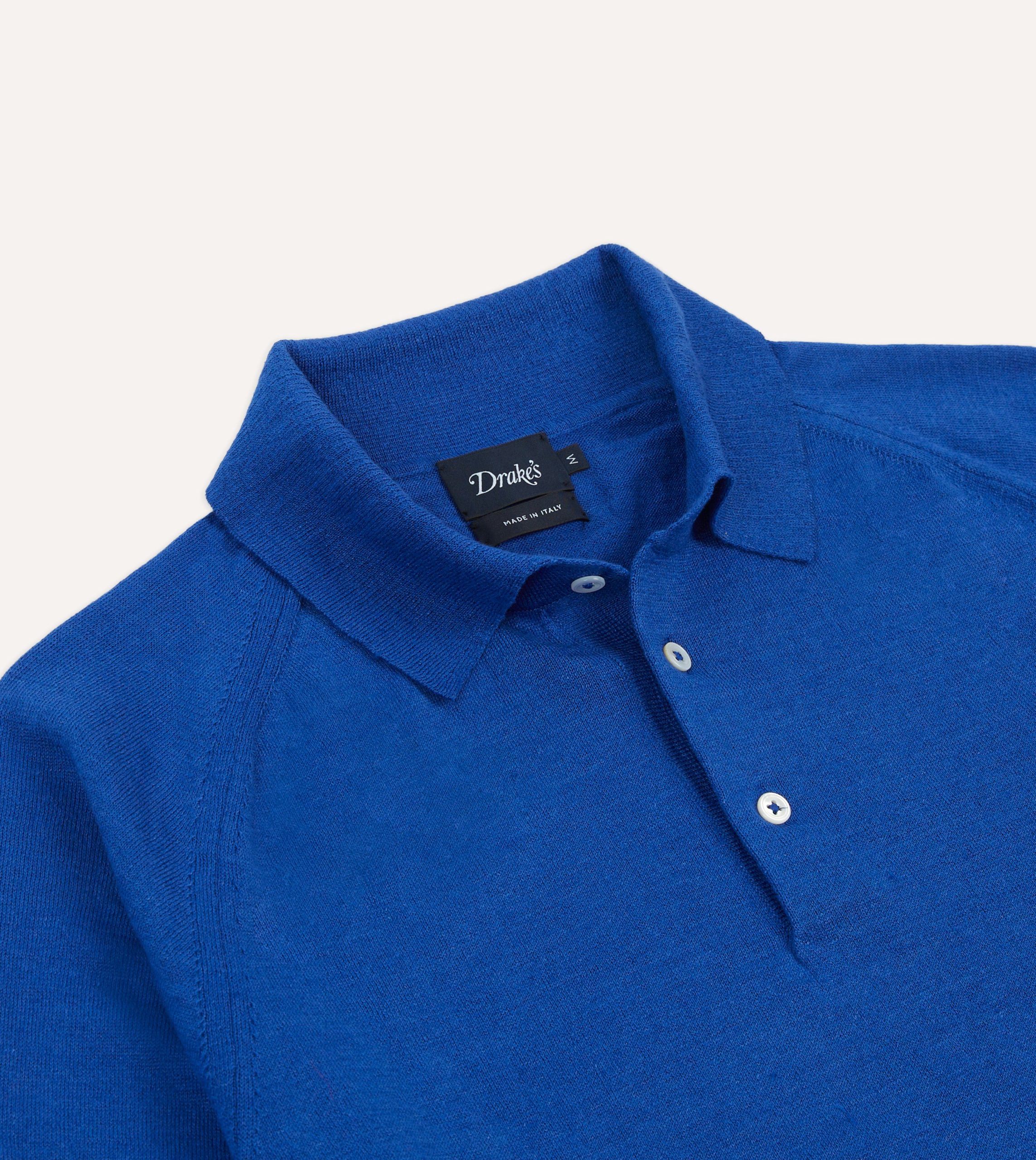 Blue Linen-Cotton Knitted Long-Sleeve Polo Shirt - Image 3