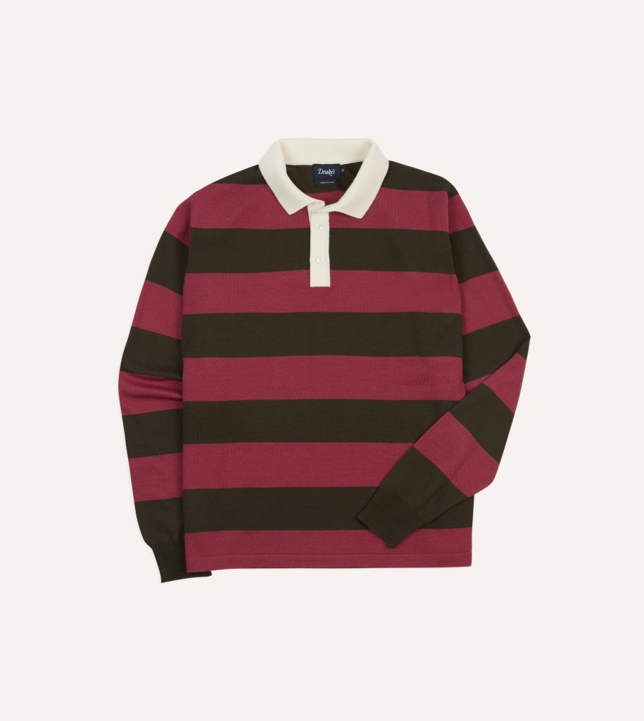 Pink and Olive Block Stripe Knitted Rugby Shirt
