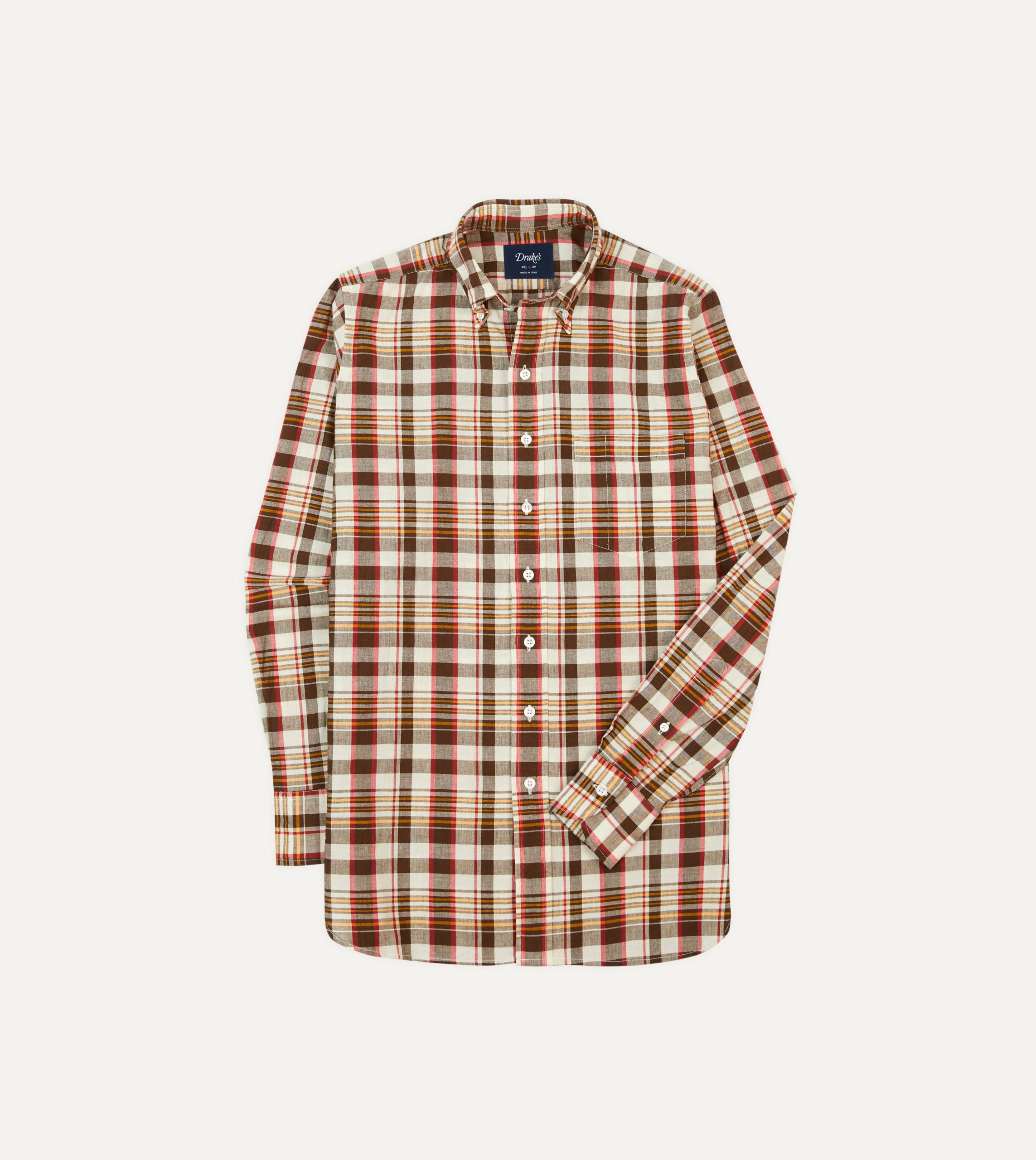 Brown and Red Madras Check Cotton Button-Down Shirt