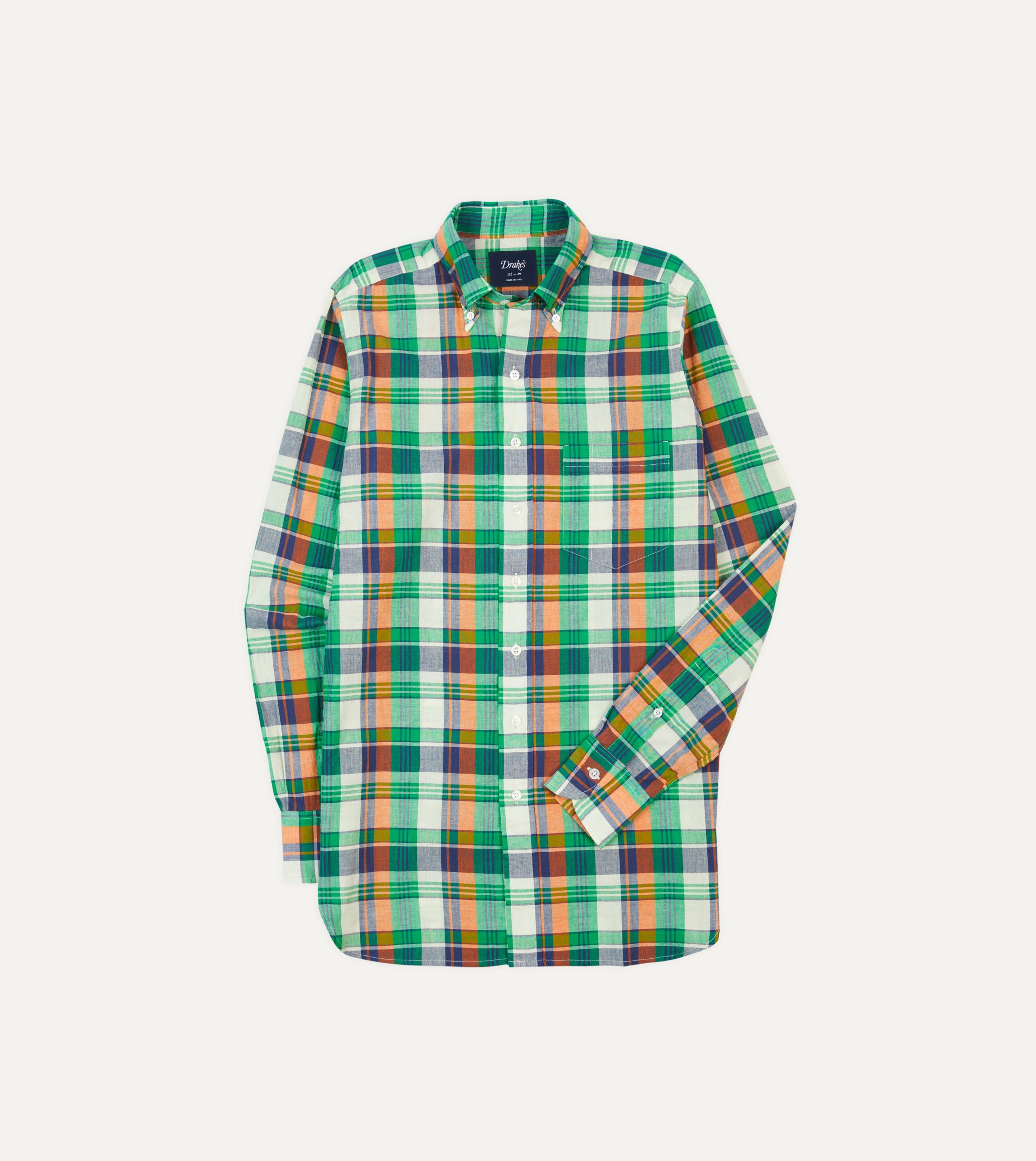 Green and Orange Madras Check Cotton Button-Down Shirt