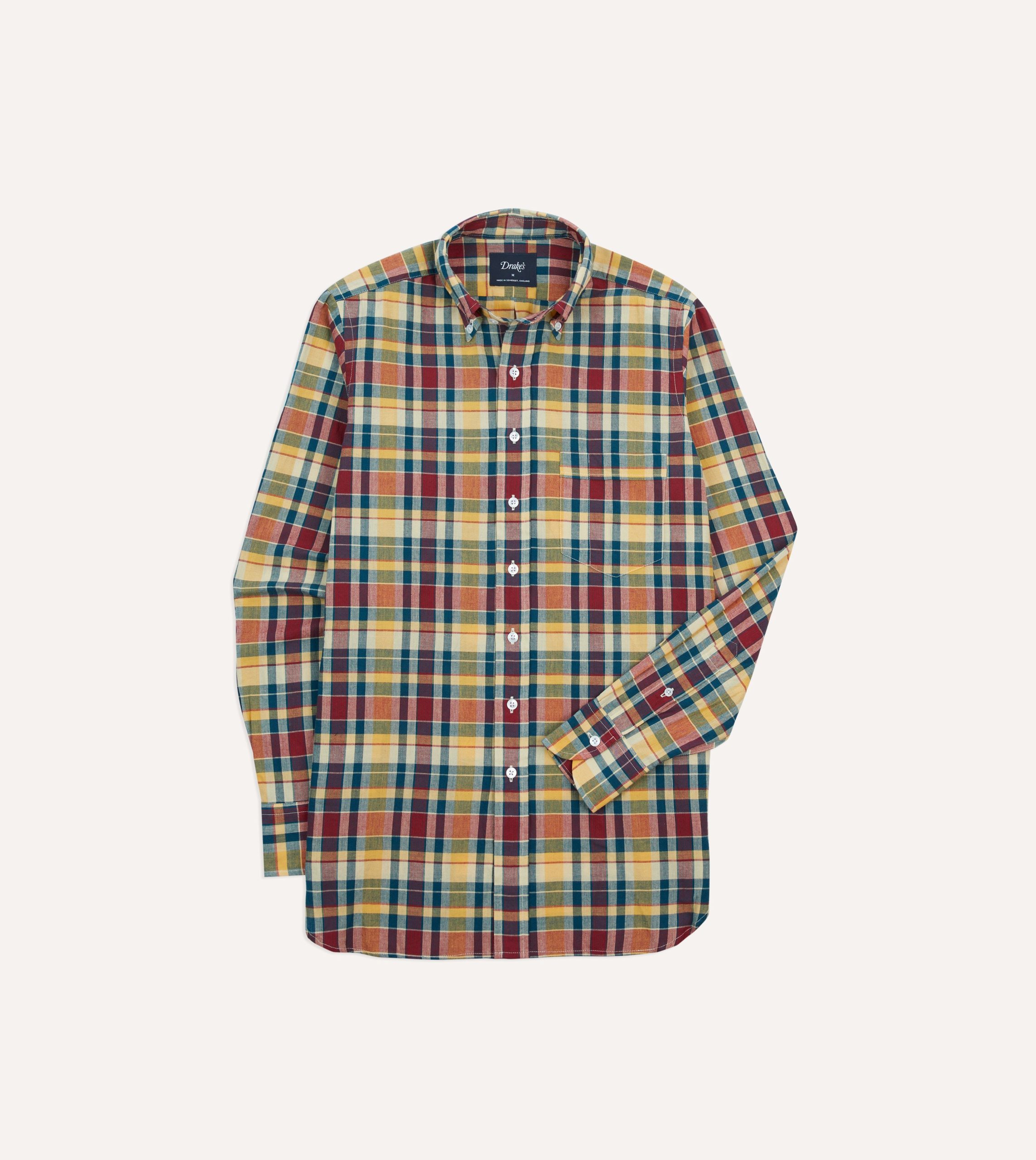 Yellow. Red and Blue Madras Check Cotton Button-Down Shirt