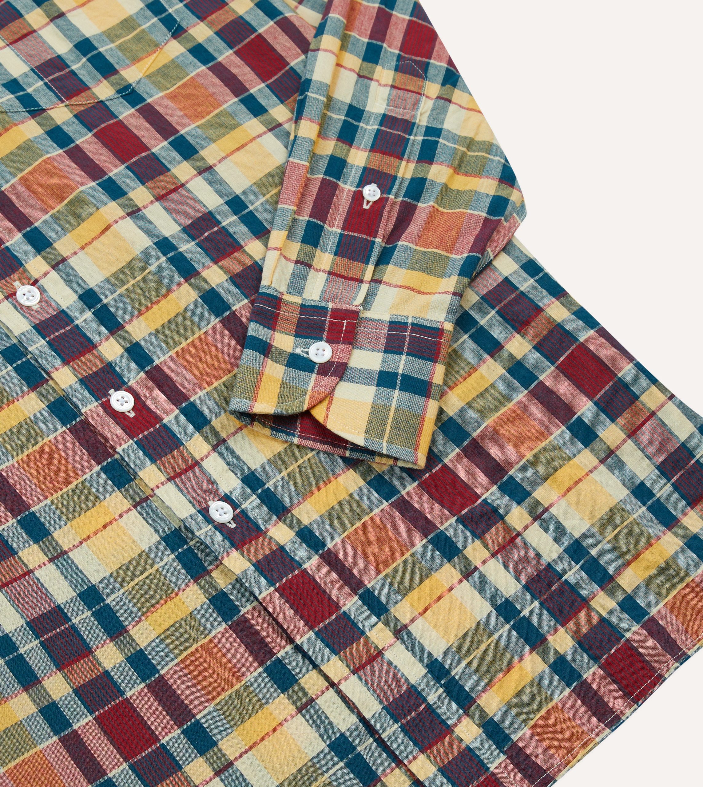Yellow. Red and Blue Madras Check Cotton Button-Down Shirt - Image 5