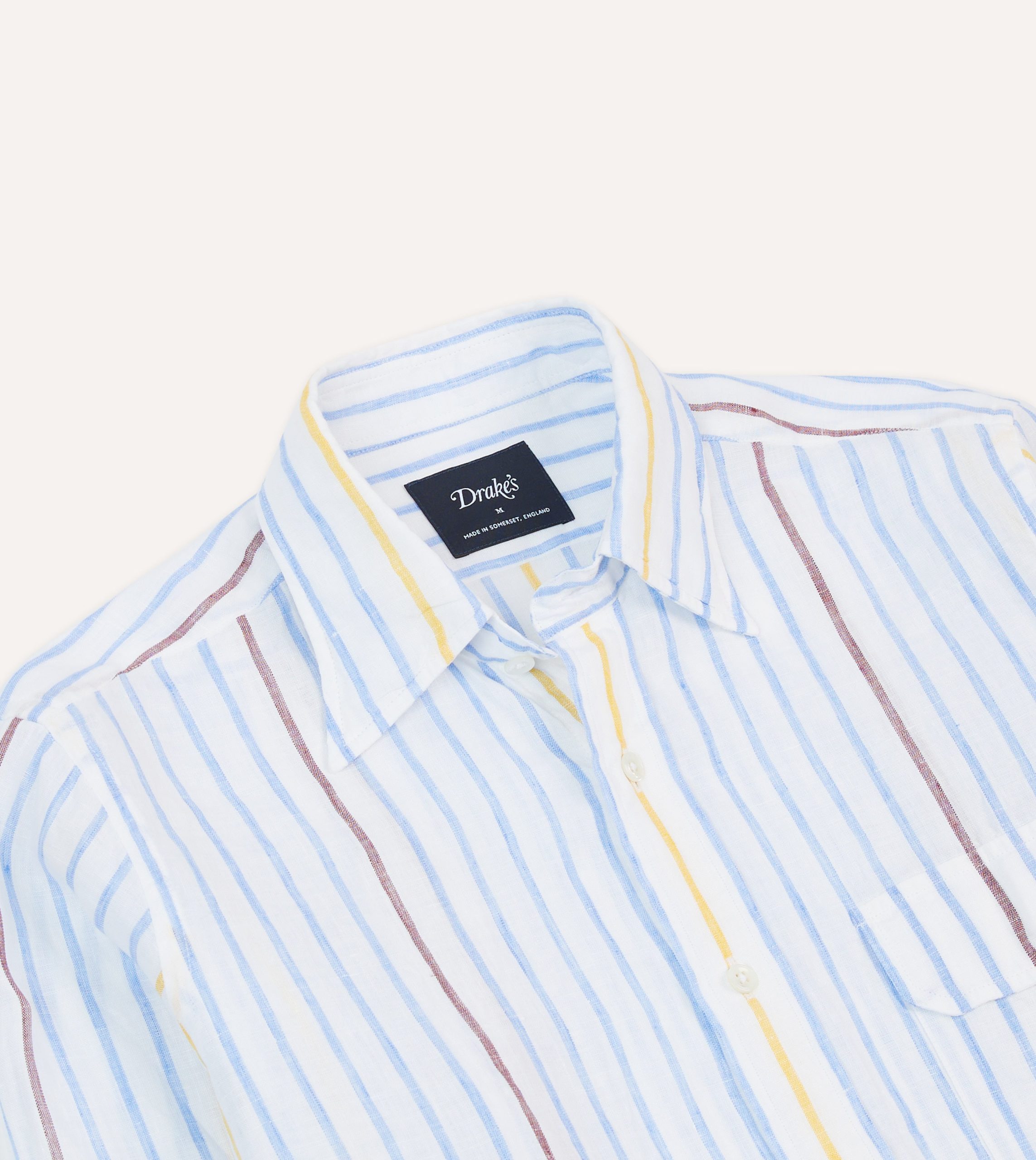 Blue. White and Yellow Stripe Linen Long Point Collar Shirt - Image 3