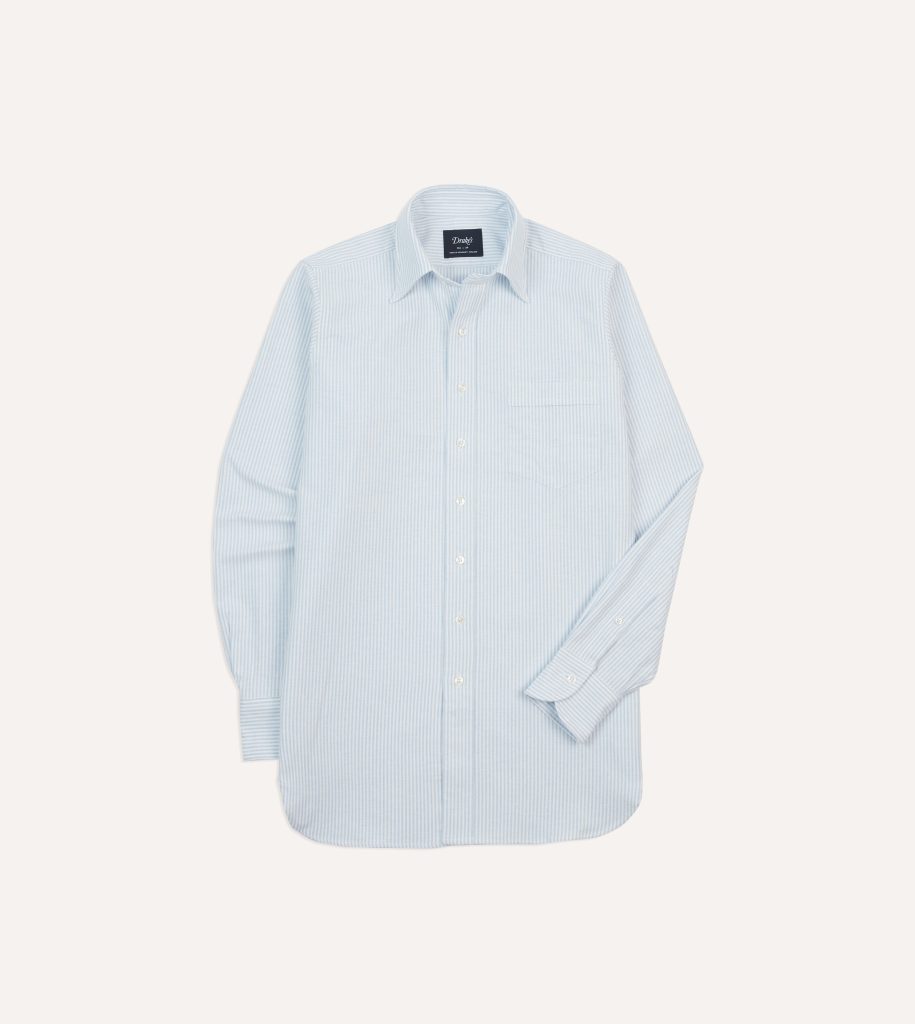 Light Blue and White Ticking Stripe Cotton Oxford Cloth Long Point Collar Shirt