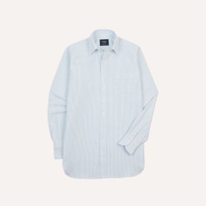 Light Blue and White Ticking Stripe Cotton Oxford Cloth Long Point Collar Shirt