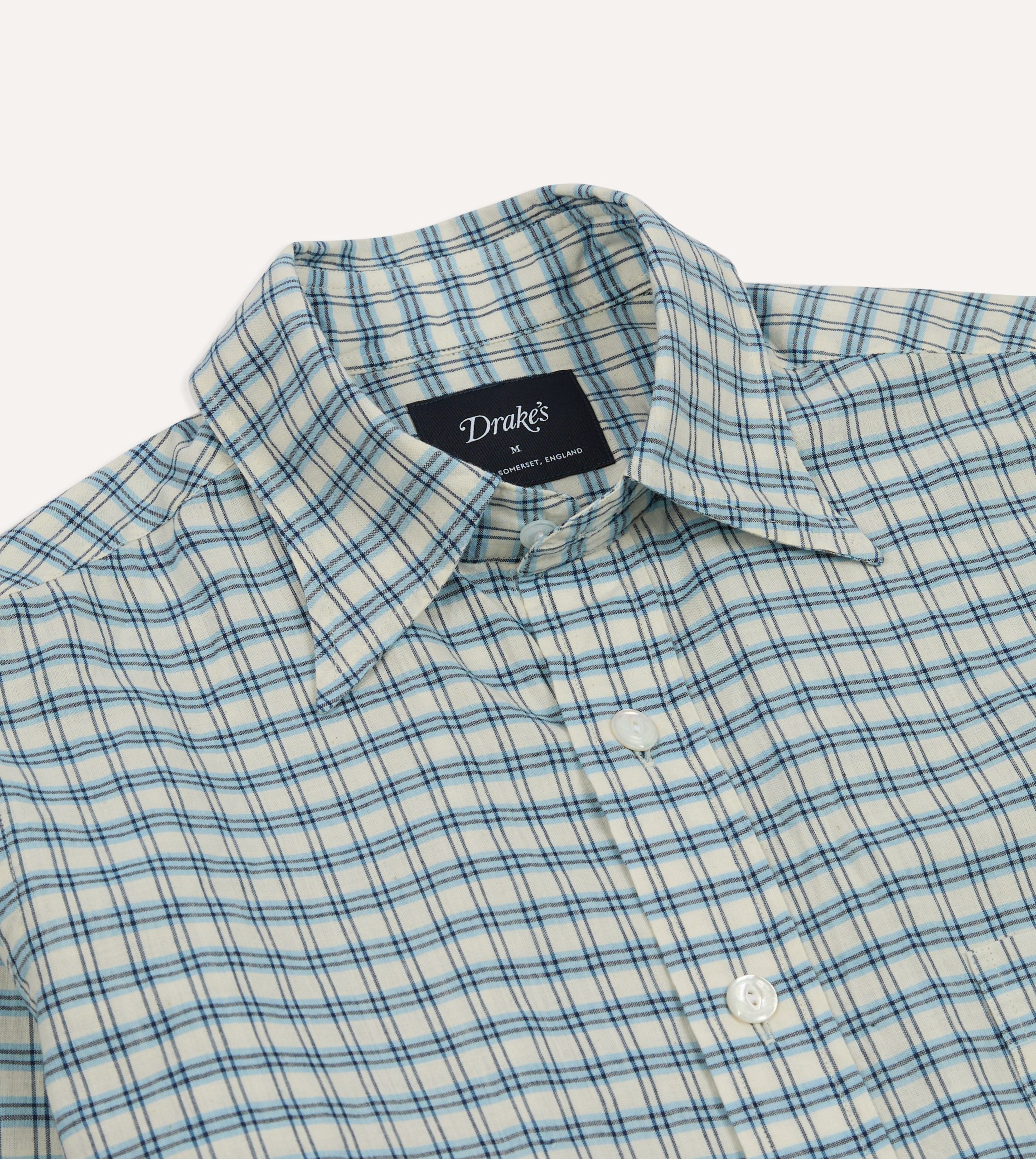 Blue and White Madras Check Cotton Long Point Collar Shirt - Image 3