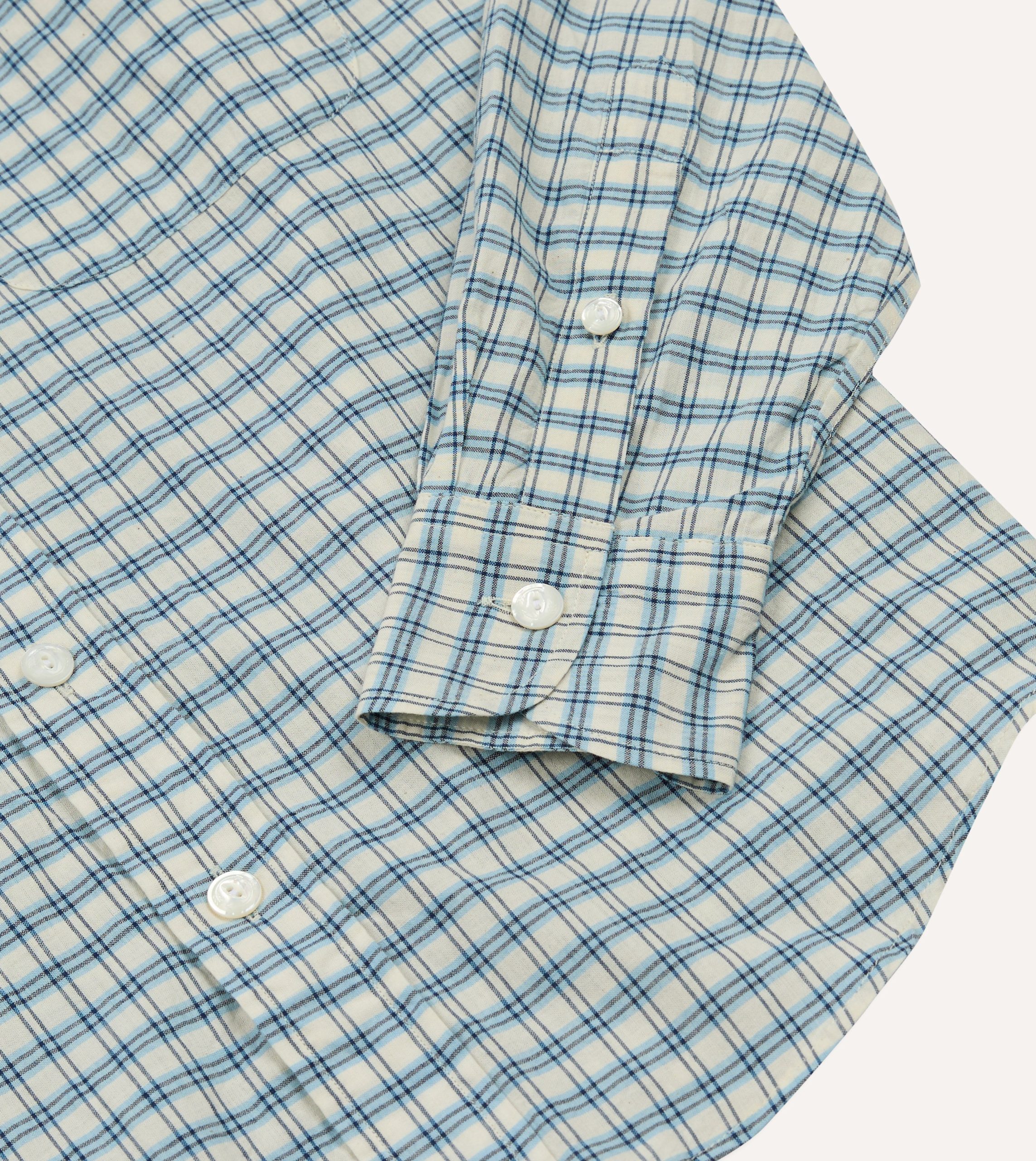 Blue and White Madras Check Cotton Long Point Collar Shirt - Image 4
