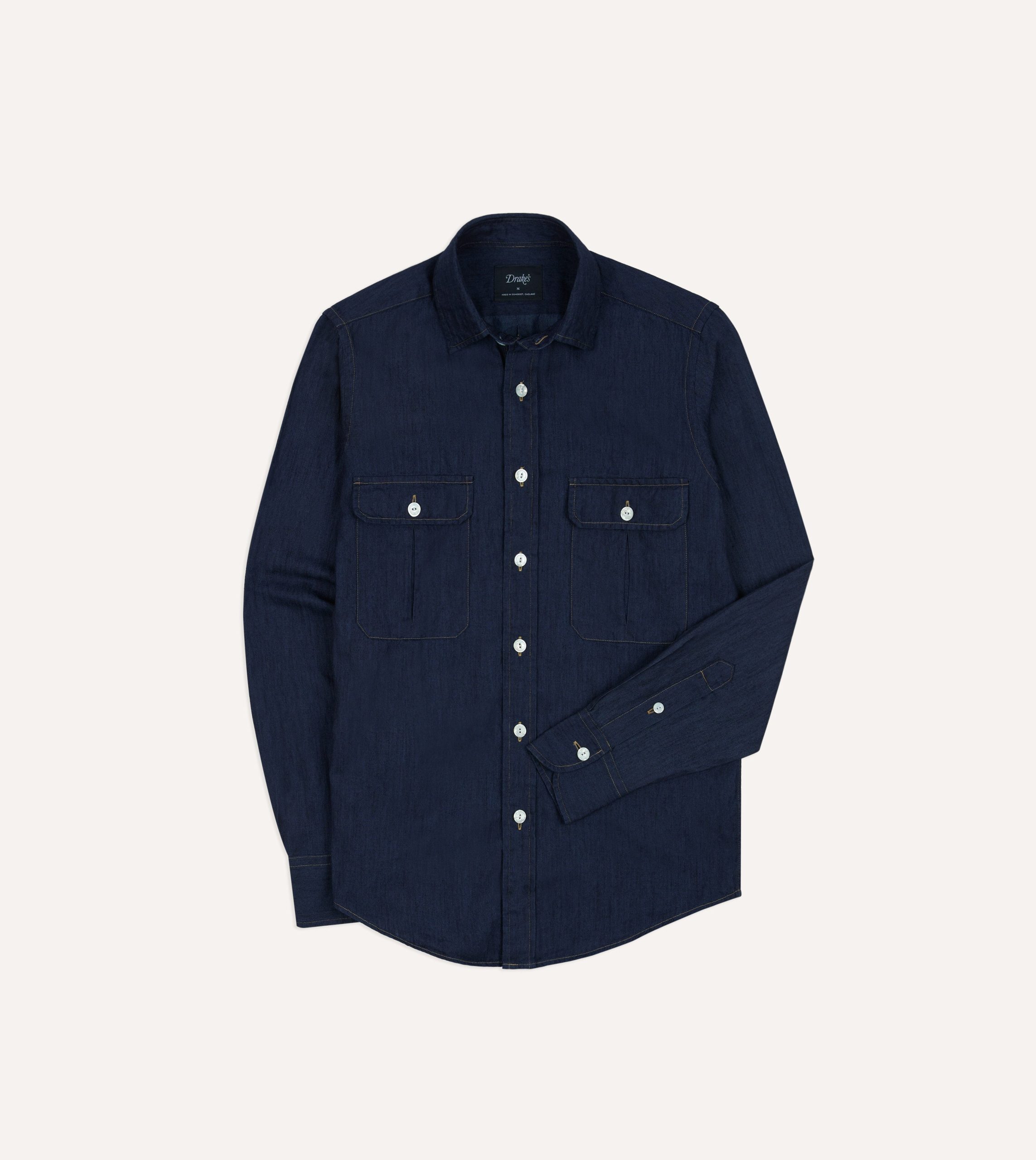 Navy Cotton Linen Two-Pocket Work Shirt