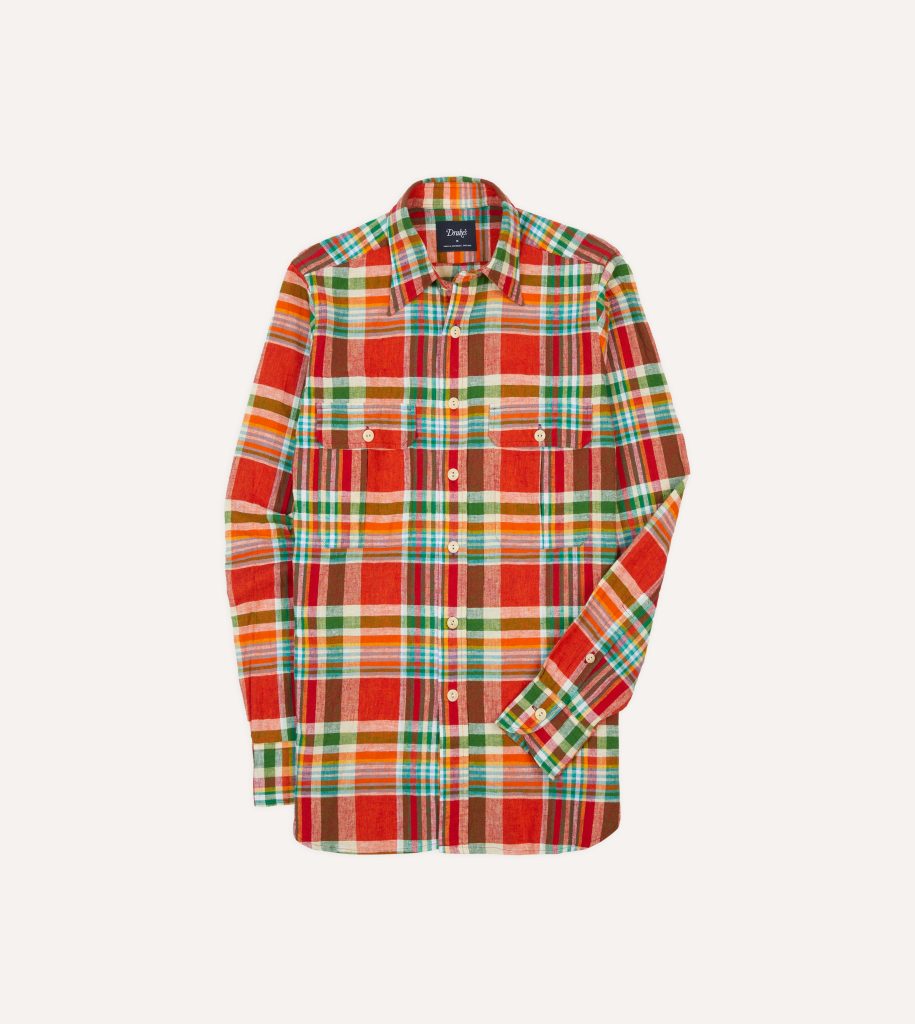 Red and Green Madras Check Cotton-Linen Two-Pocket Work Shirt