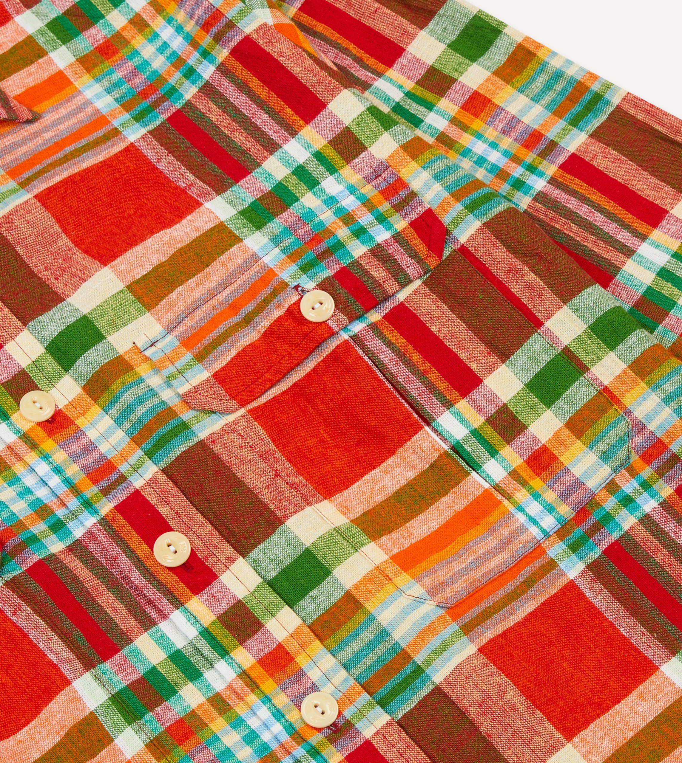 Red and Green Madras Check Cotton-Linen Two-Pocket Work Shirt - Image 4