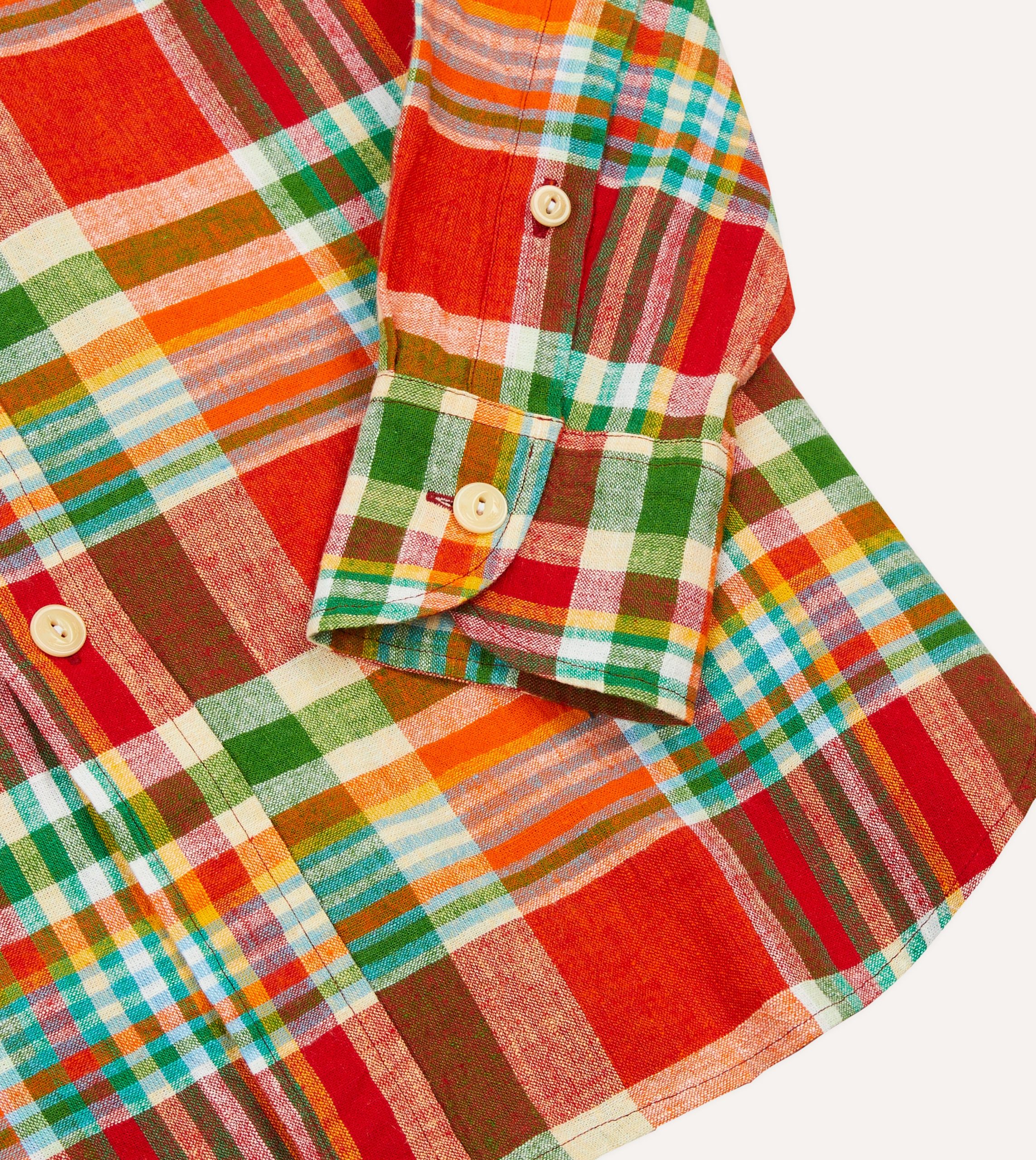 Red and Green Madras Check Cotton-Linen Two-Pocket Work Shirt - Image 5