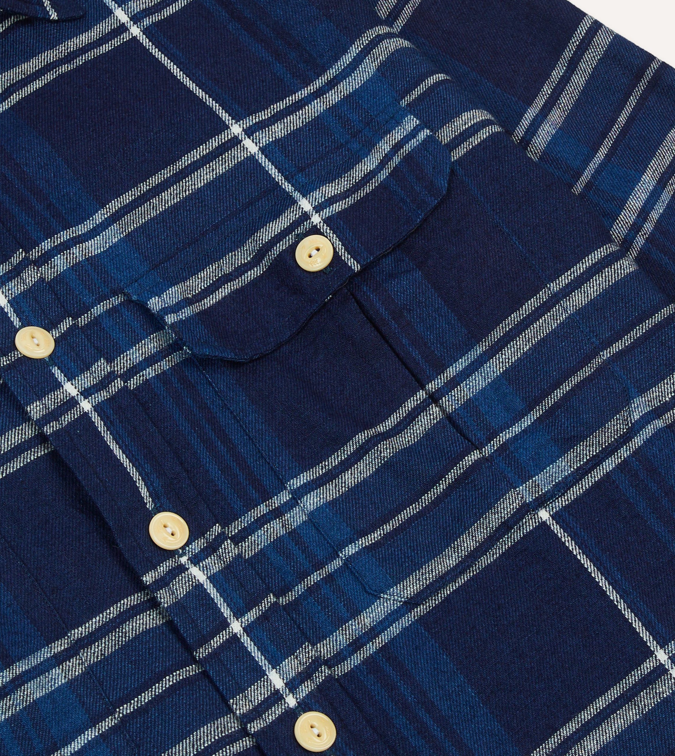 Blue Check Cotton Long Point Collar Work Shirt - Image 5