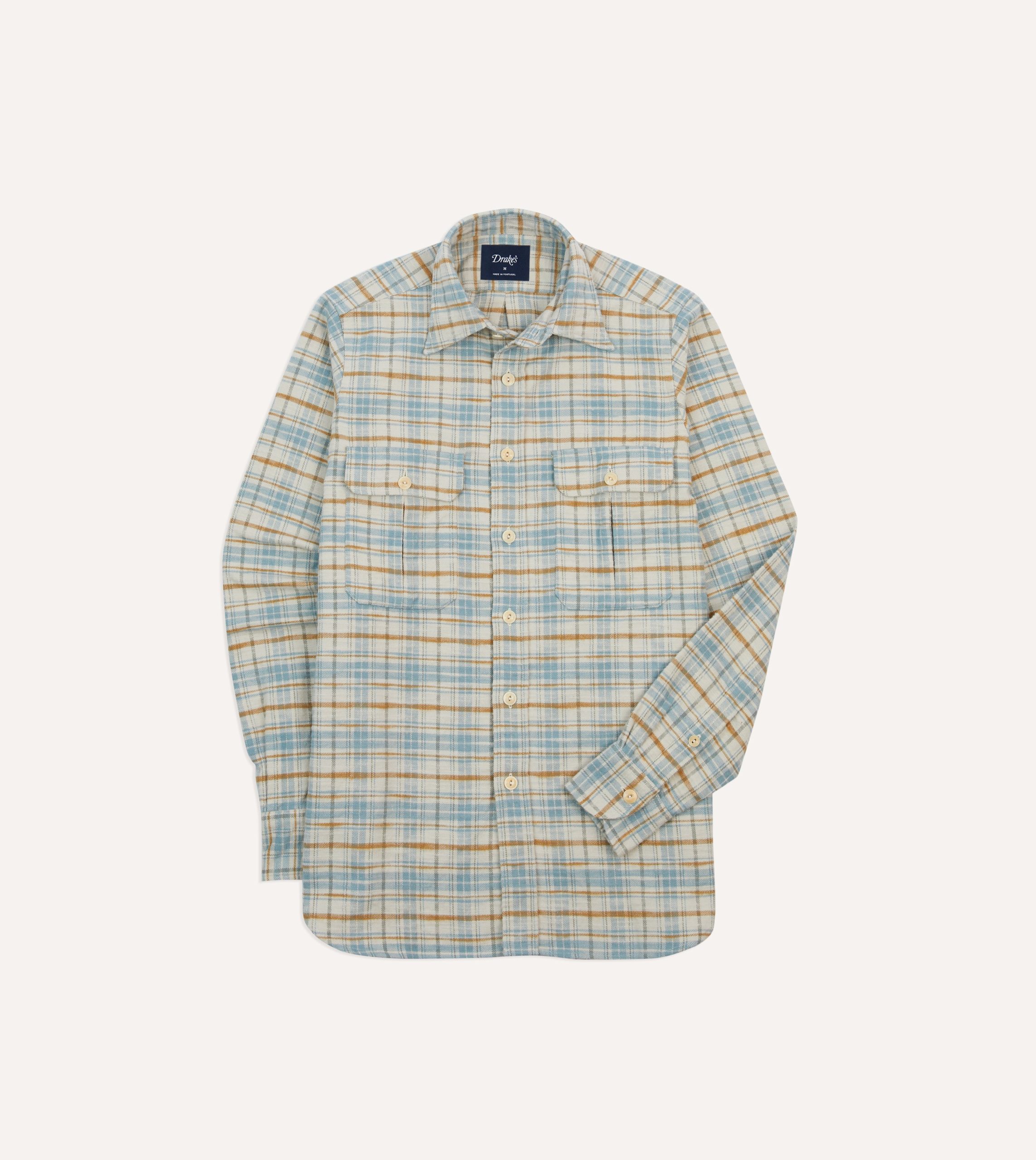 Ecru and Blue Check Cotton Two-Pocket Work Shirt