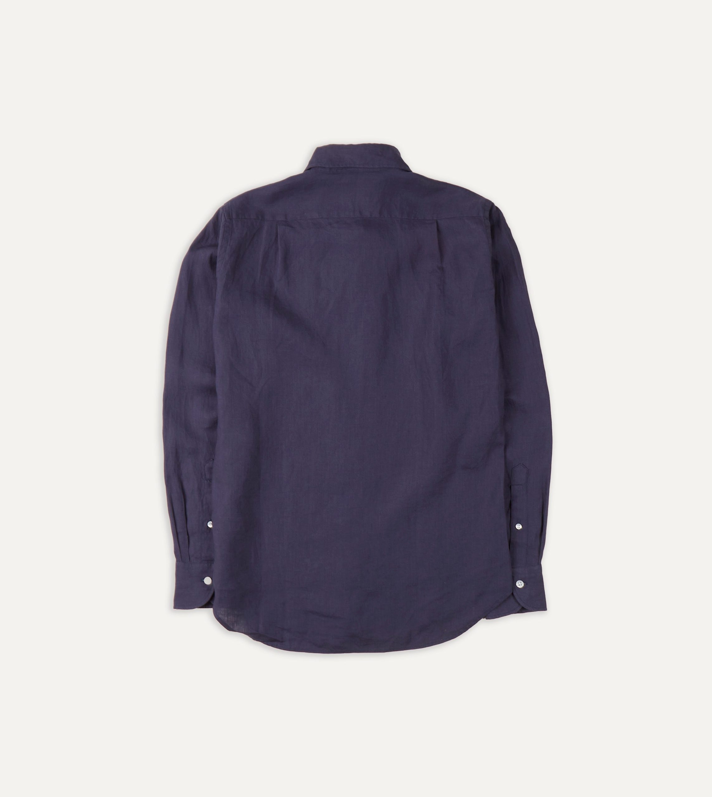 Washed Navy Linen Spread Collar Shirt - Image 3