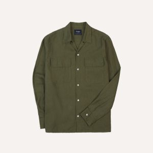 Khaki Linen Camp Collar Long Sleeve Shirt
